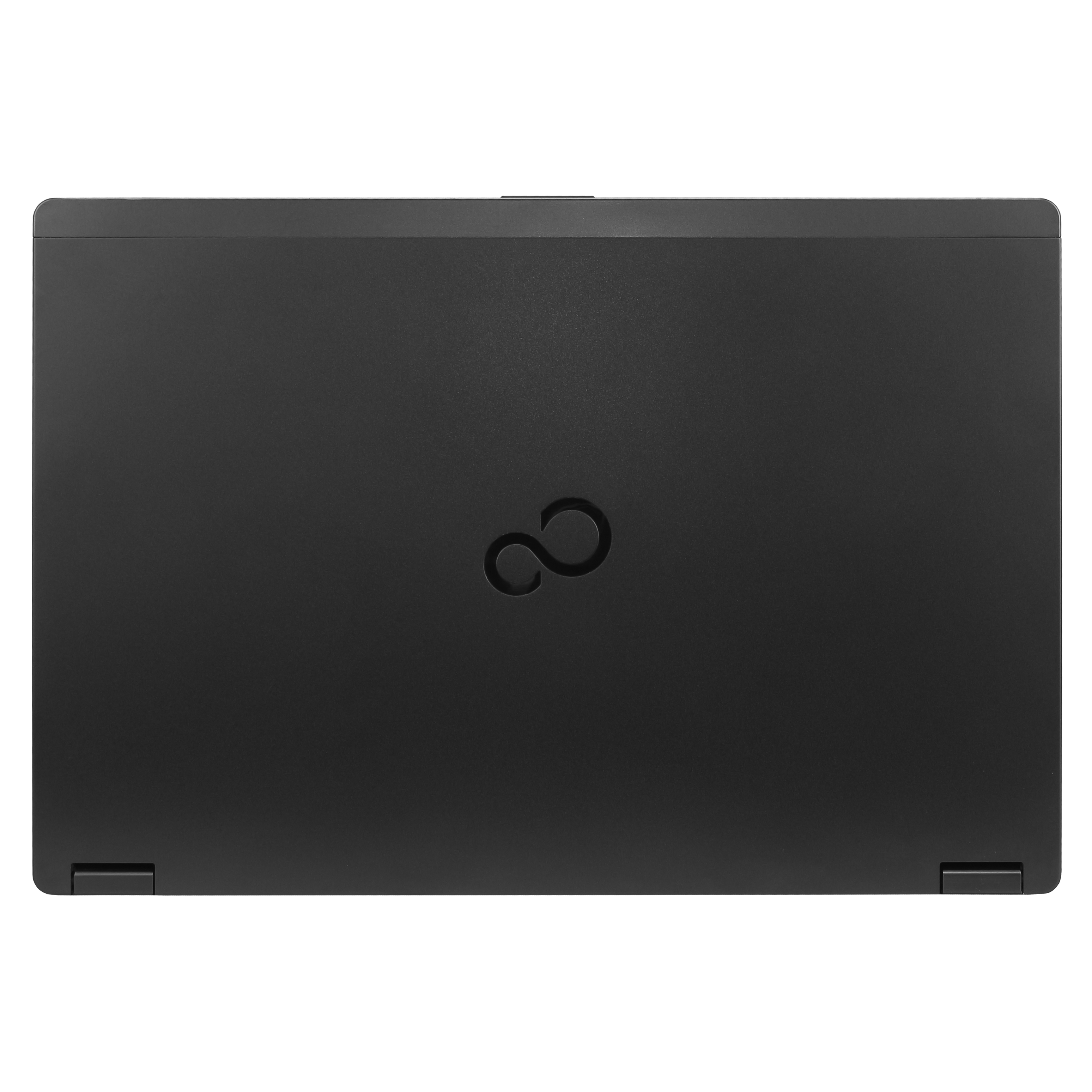 Ordinateur portable noir avec le logo Fujitsu sur le couvercle. L'ordinateur est fermé et sur fond blanc.