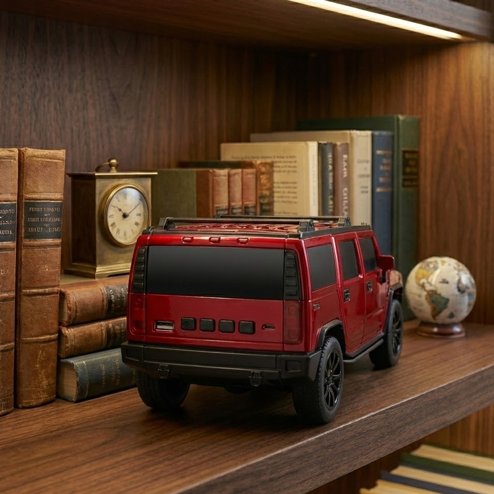 Ahşap bir rafta, kitaplar, bir saat ve bir küre ile kırmızı bir oyuncak Hummer SUV duruyor. Arka plan ahşap bir dolaptır.