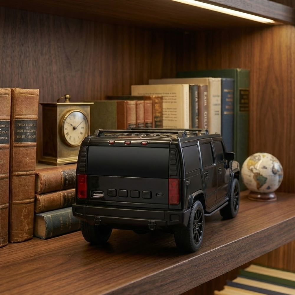Siyah oyuncak Hummer SUV, kitaplar, bir saat ve bir küre ile çevrili ahşap bir rafta duruyor. Arka plan ahşap bir raftır.