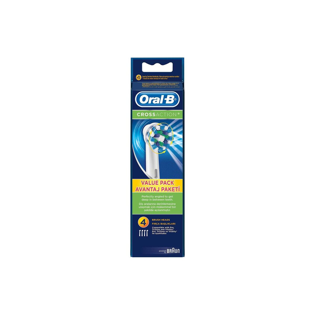 Confezione di testine per spazzolino Oral-B CrossAction. Colori blu e bianco. Contiene testo e immagine del prodotto.