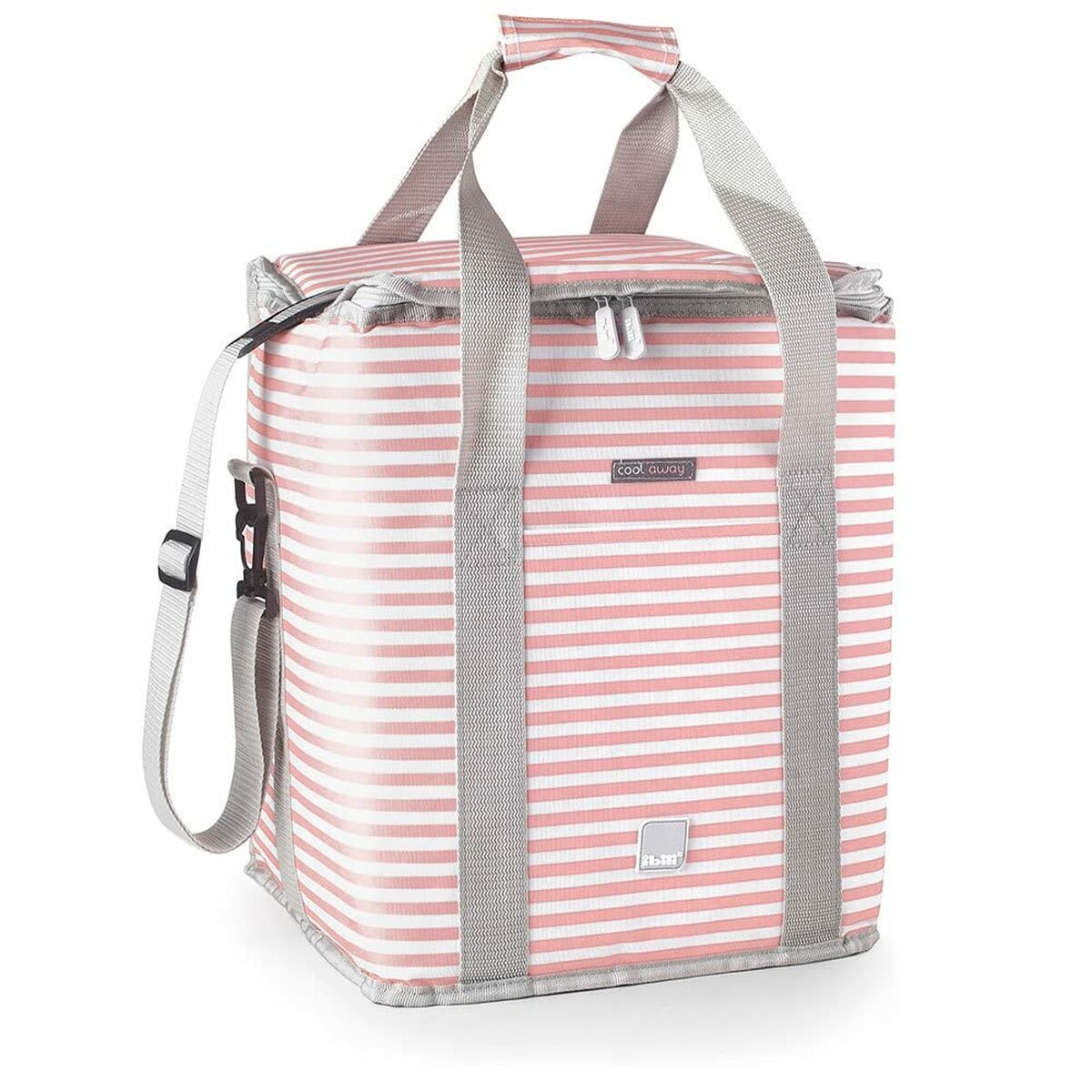 Una borsa frigo a righe rosa e bianche con manici grigi e tracolla. La borsa ha una cerniera e la scritta 'cool away'.