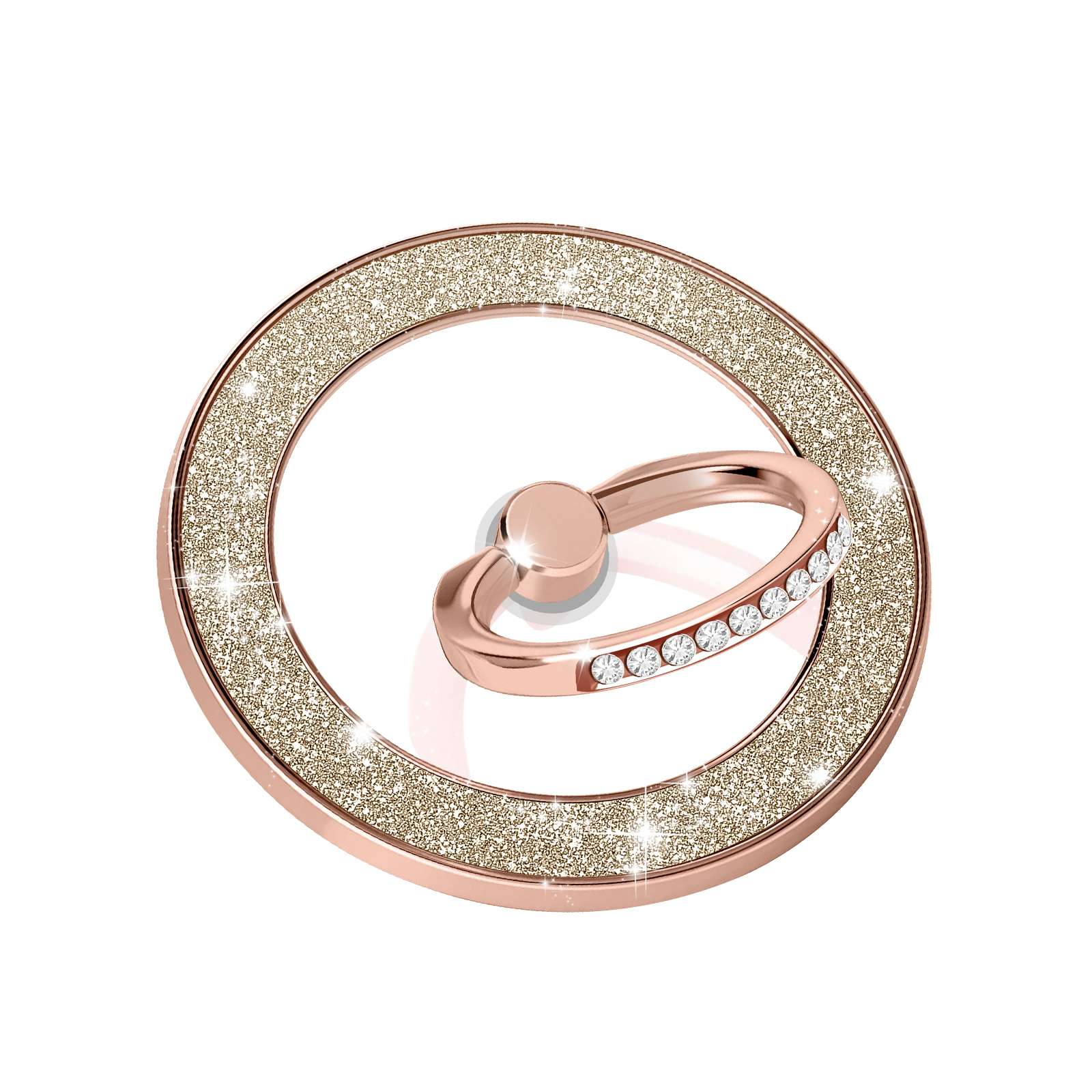 Un anello per telefono in oro rosa con una fascia glitterata e un anello ornato di diamanti.