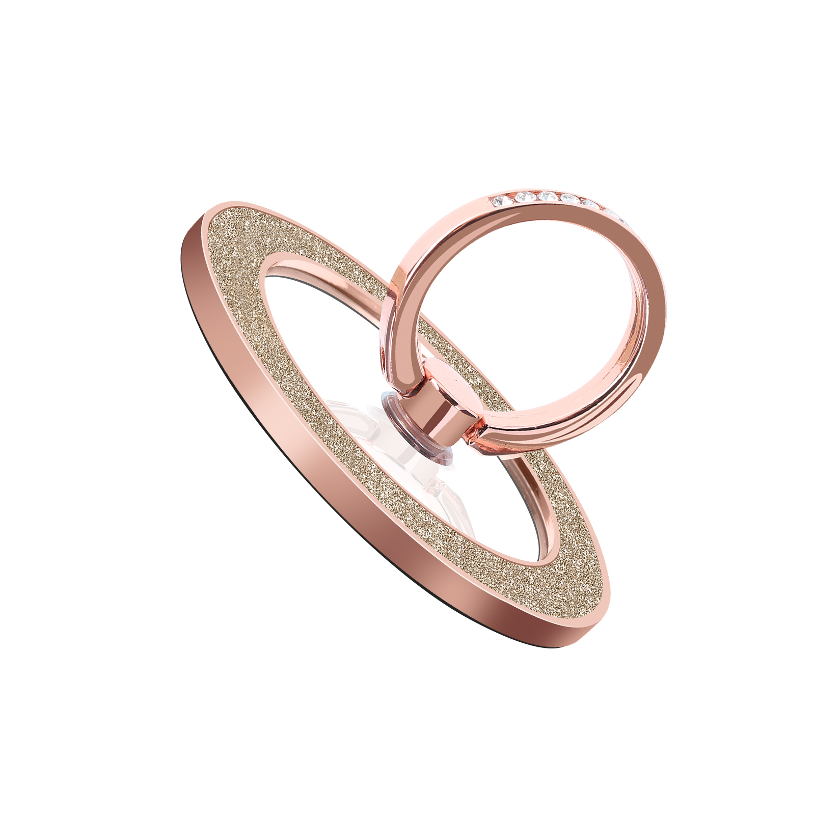 Supporto ad anello per telefono oro rosa. Ha un cerchio con glitter e un anello con piccole gemme.