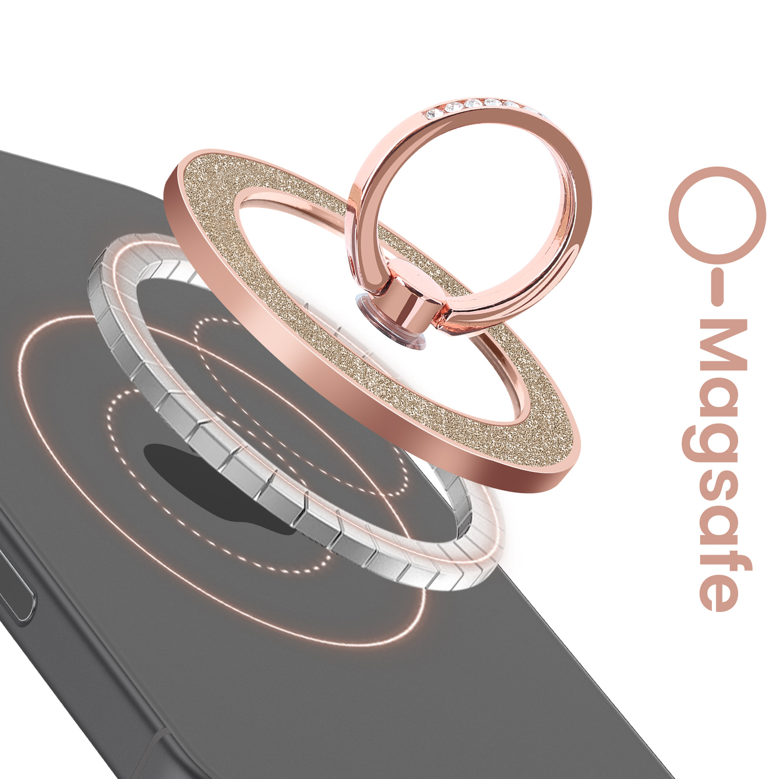 Porta anello per telefono oro rosa con glitter e diamanti. Un telefono sullo sfondo.