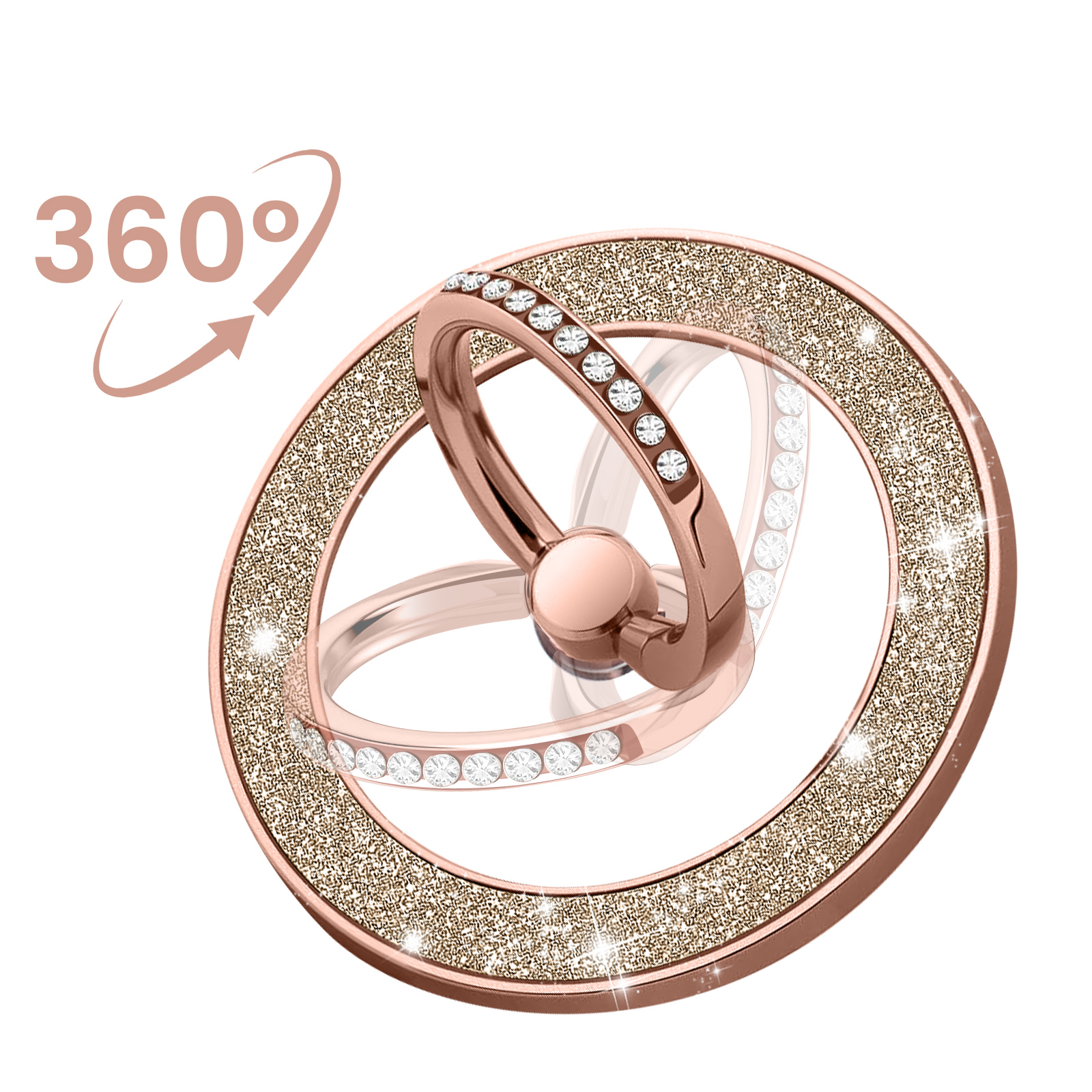 Supporto ad anello per telefono oro rosa con strass. Ruota a 360 gradi. Sfondo bianco.