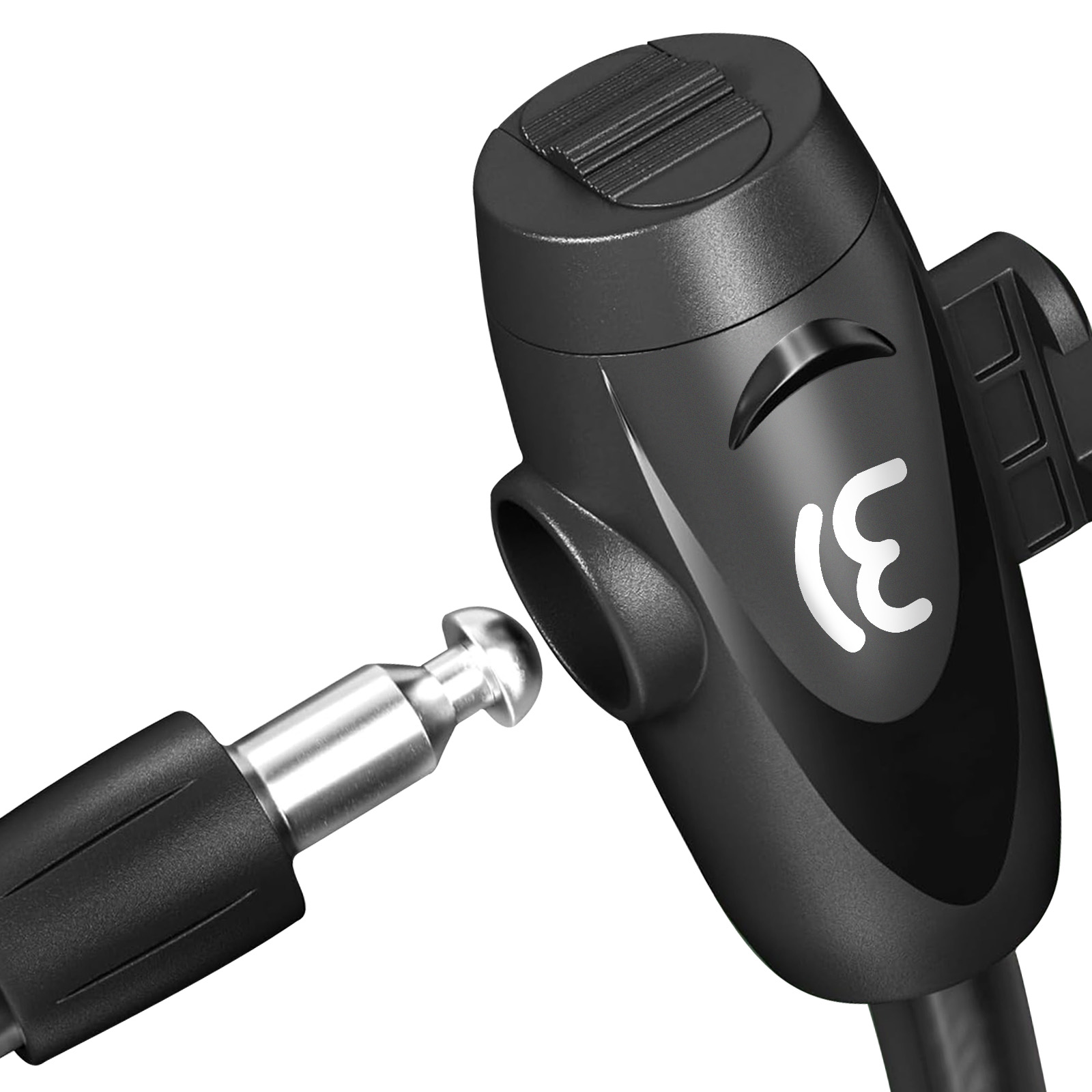 Schwarzes Gerät mit silbernem Stecker. Das Gerät hat ein weißes '3'-Symbol. Weißer Hintergrund.