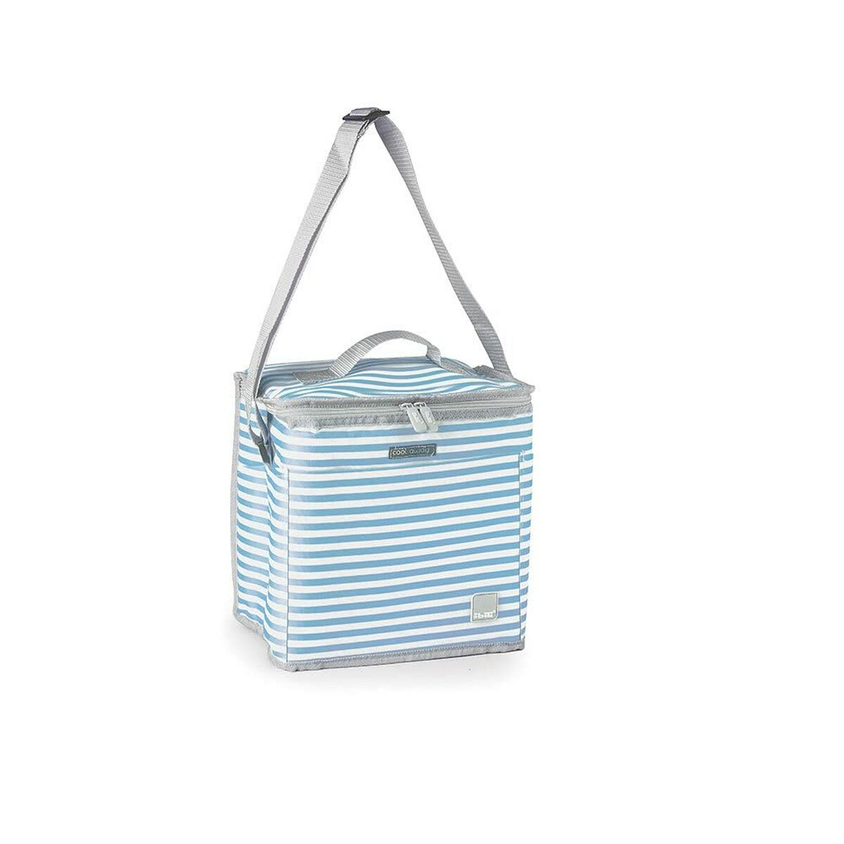 Eine blau-weiß gestreifte Kühltasche mit grauem Griff und Schultergurt, isoliert auf weißem Hintergrund.