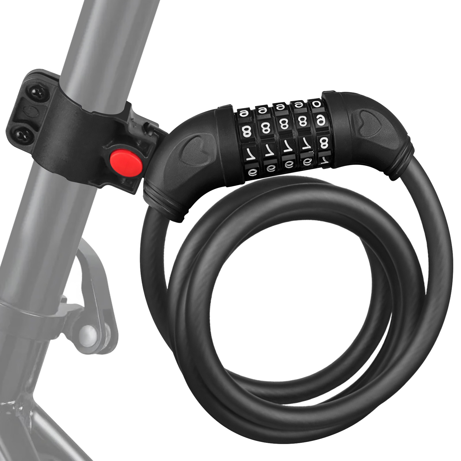 Schwarzes Fahrradschloss mit Zahlenscheibe, an einem grauen Fahrradrahmen befestigt. Roter Knopf am Aufsatz.