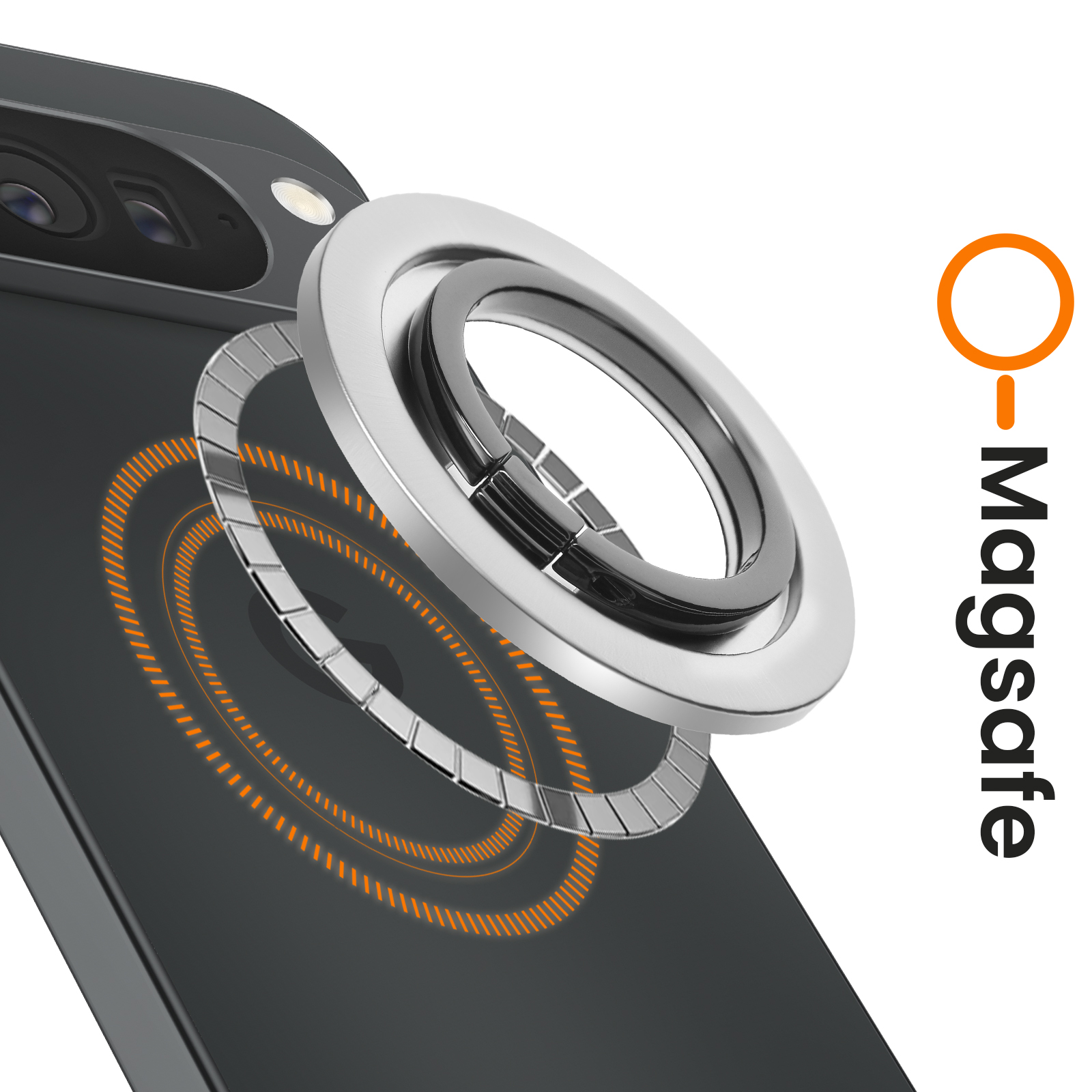 Un telefono con un accessorio ad anello argentato. L'anello è sul retro del telefono e linee arancioni indicano l'area magnetica.