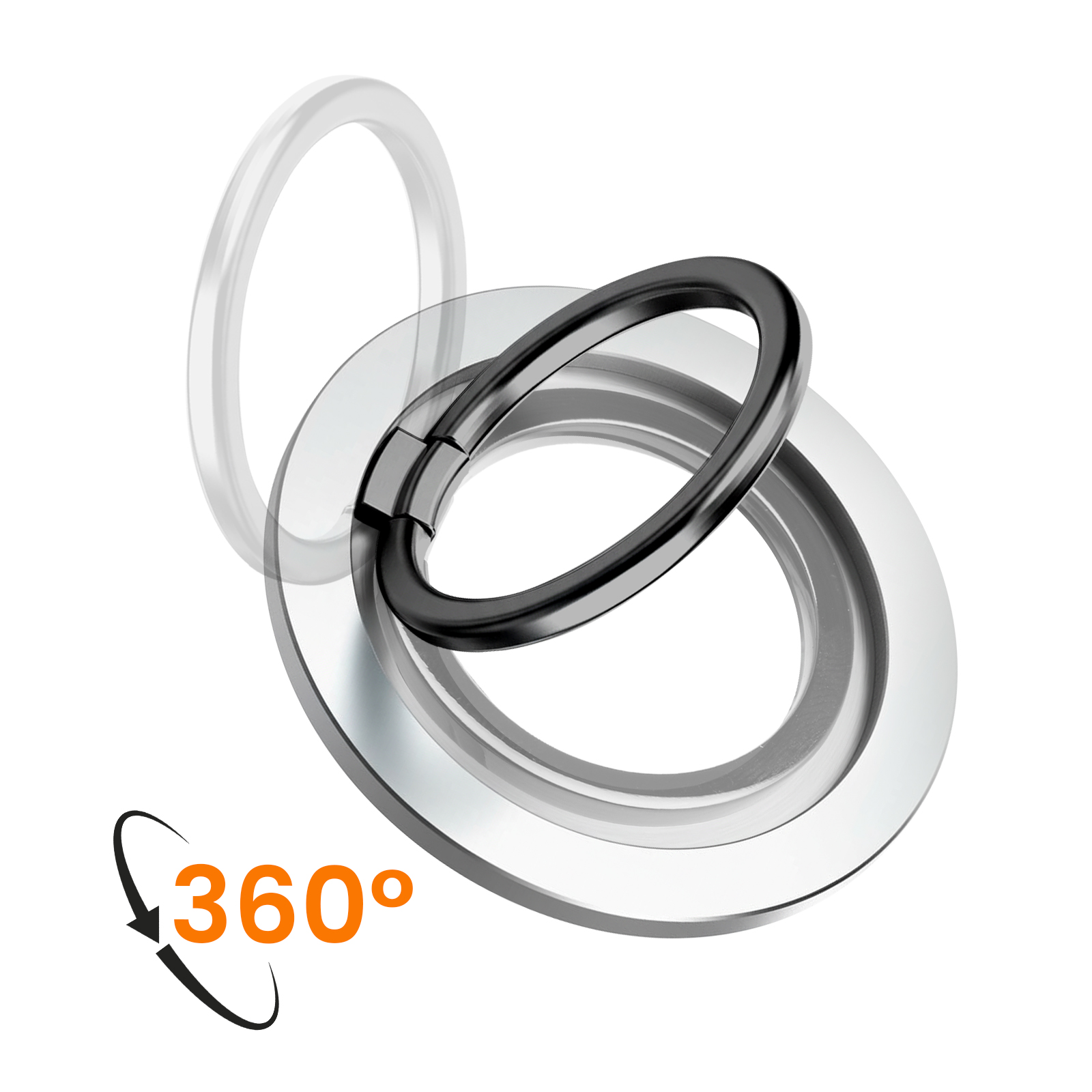 Un supporto ad anello per telefono, anello nero al centro, rotazione a 360 gradi. Lo sfondo è bianco.