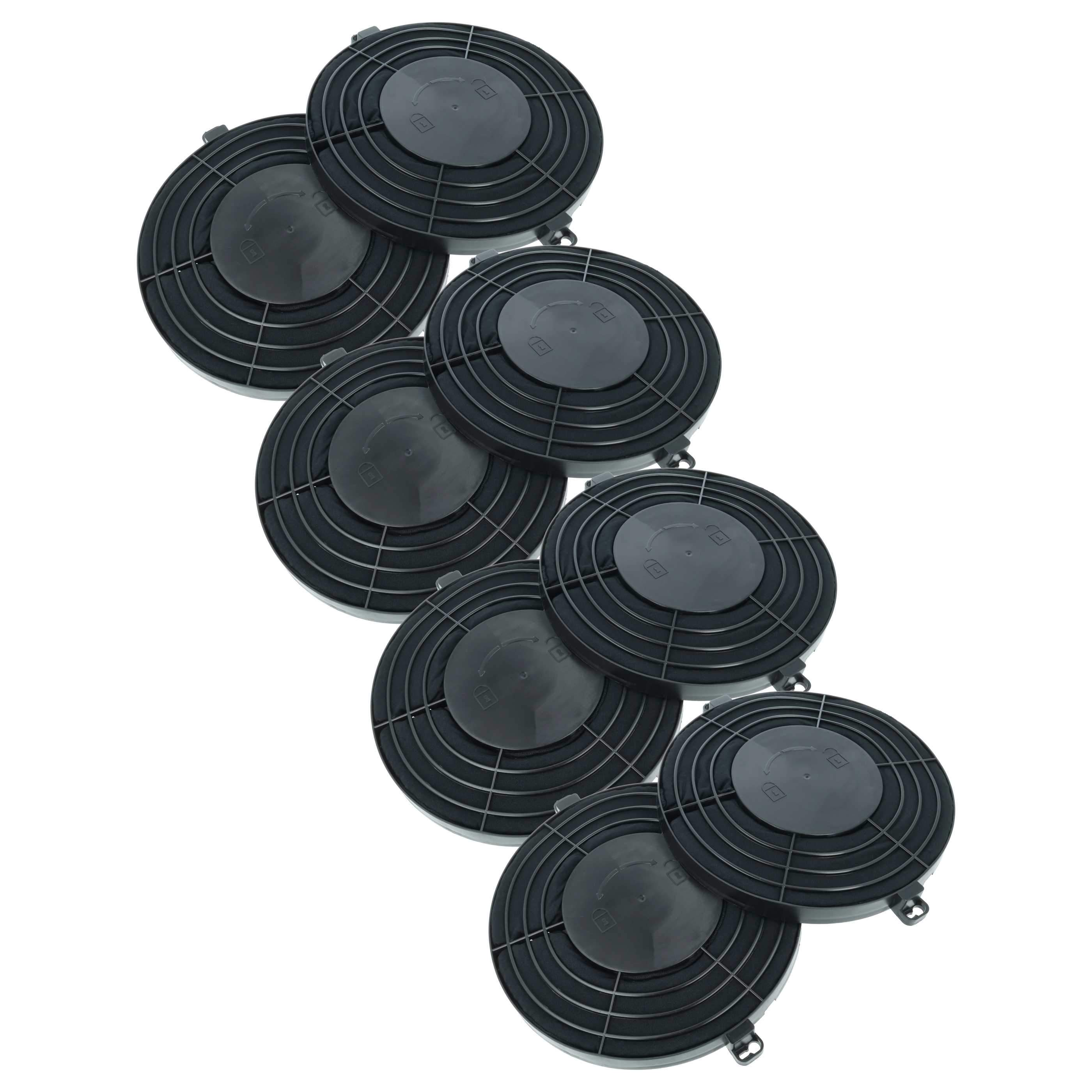 Sieben schwarze runde Filter mit zentralem Verriegelungsmechanismus diagonal auf weißem Hintergrund angeordnet.