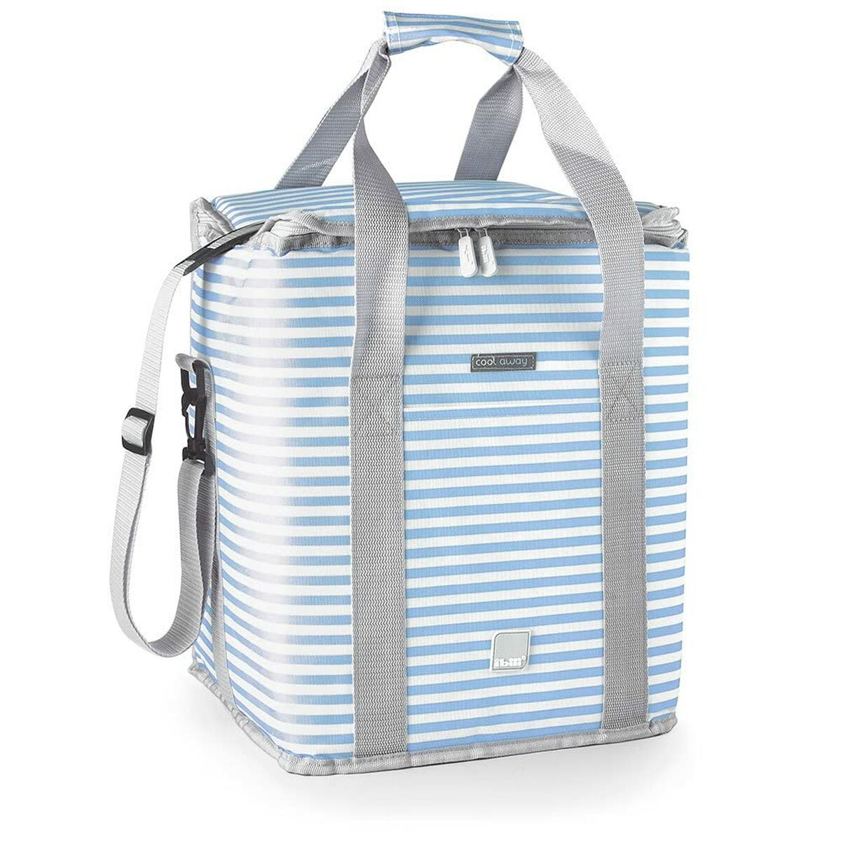 Una borsa frigo a righe bianche e blu con manici grigi e tracolla. Ha una chiusura a cerniera e la scritta 'cool away'.