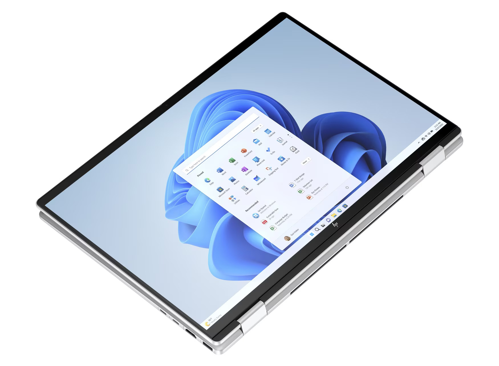 Ein Laptop mit Windows 11-Oberfläche ist geöffnet. Das Startmenü zeigt Apps und Einstellungen auf dem Bildschirm.