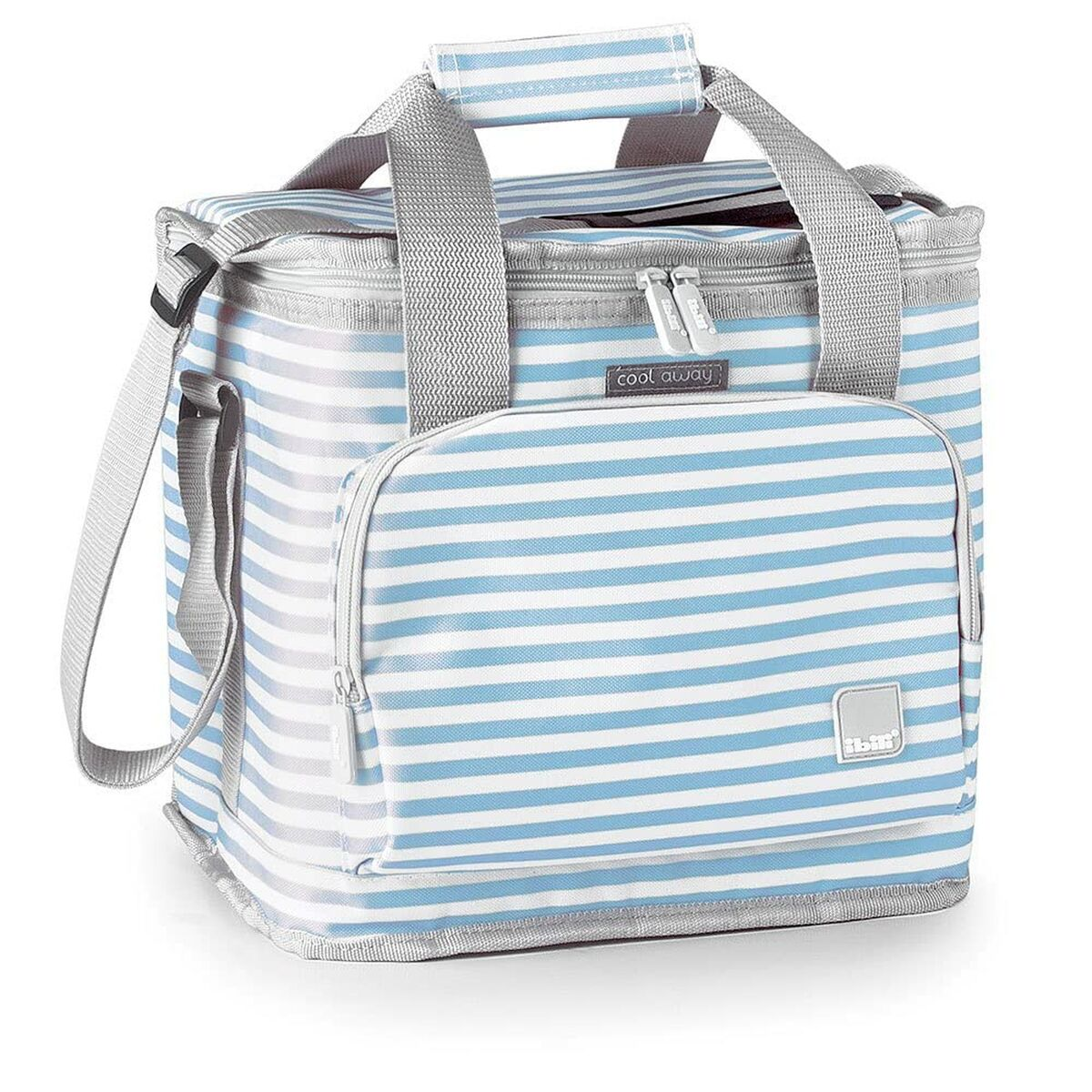 Eine blau-weiß gestreifte Kühltasche mit grauen Akzenten. Sie hat einen Griff, einen Schultergurt und eine Vordertasche. Die Marke ist 'ibiz'.