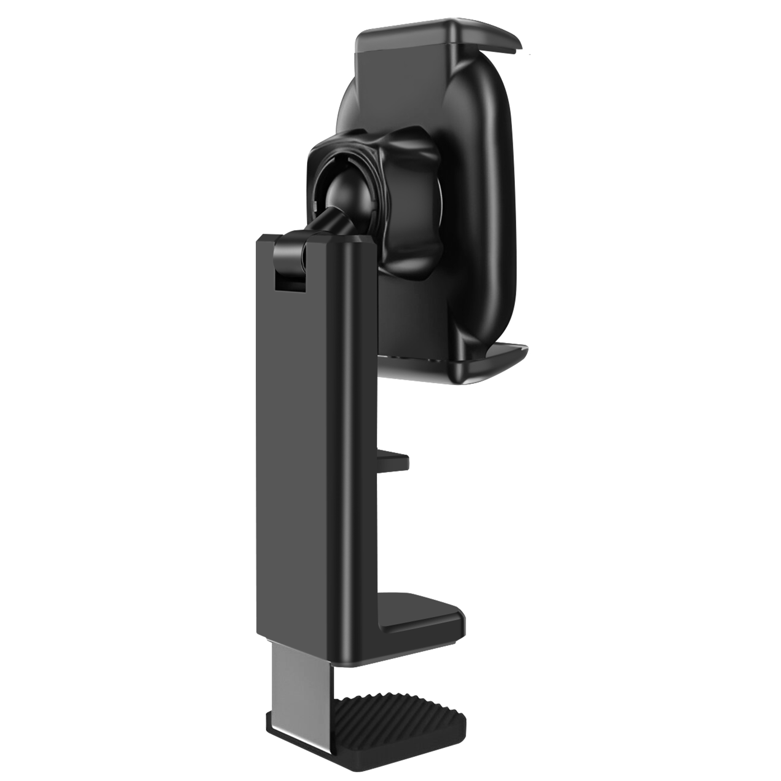 Un supporto per telefono nero con base a morsetto, braccio regolabile e supporto per telefono, su sfondo bianco.