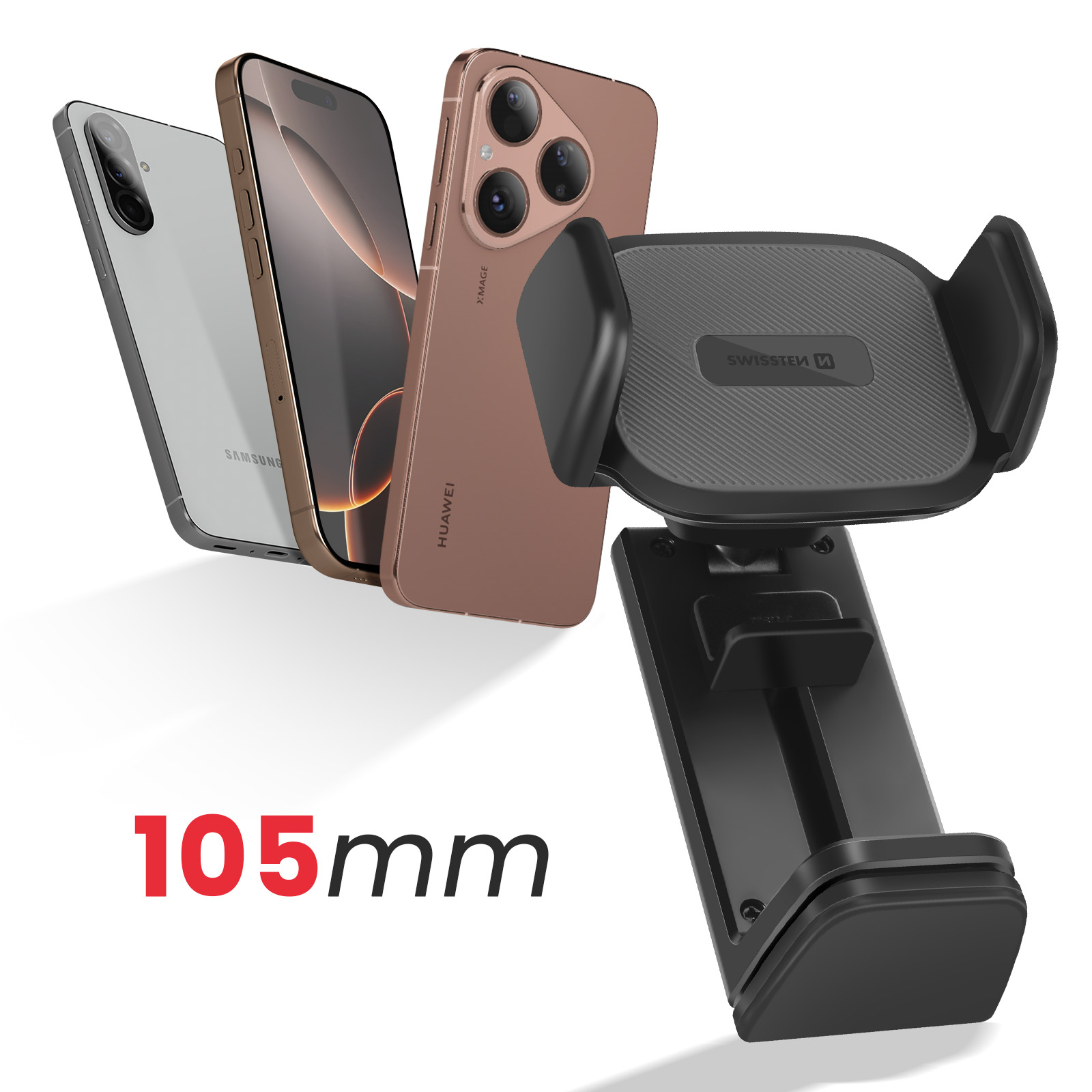 L'immagine mostra telefoni e un supporto per telefono da auto. Il supporto è nero con un logo argentato.