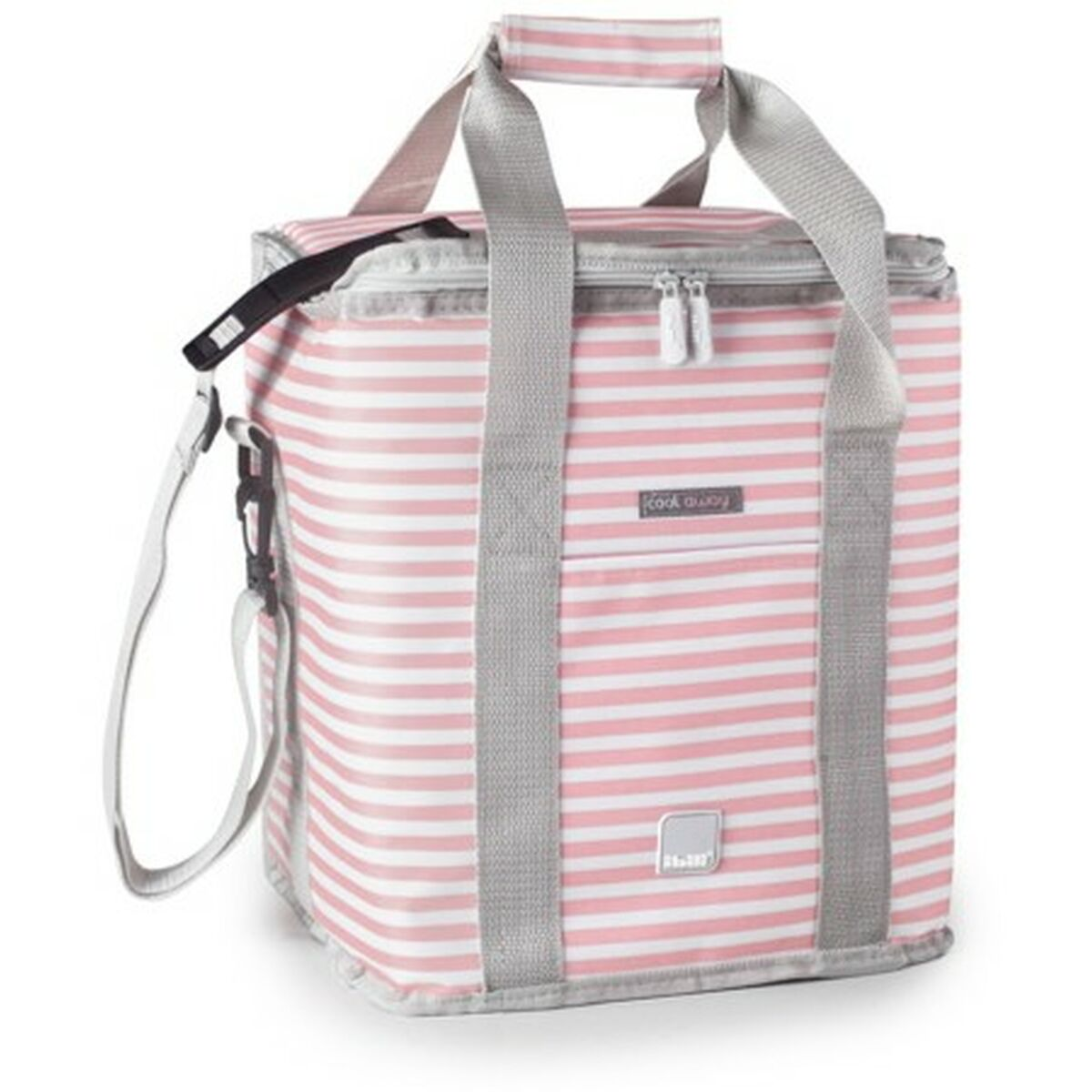 Eine rosa-weiß gestreifte Kühltasche mit grauen Griffen und Trägern. Sie hat einen Reißverschluss und einen Schultergurt.