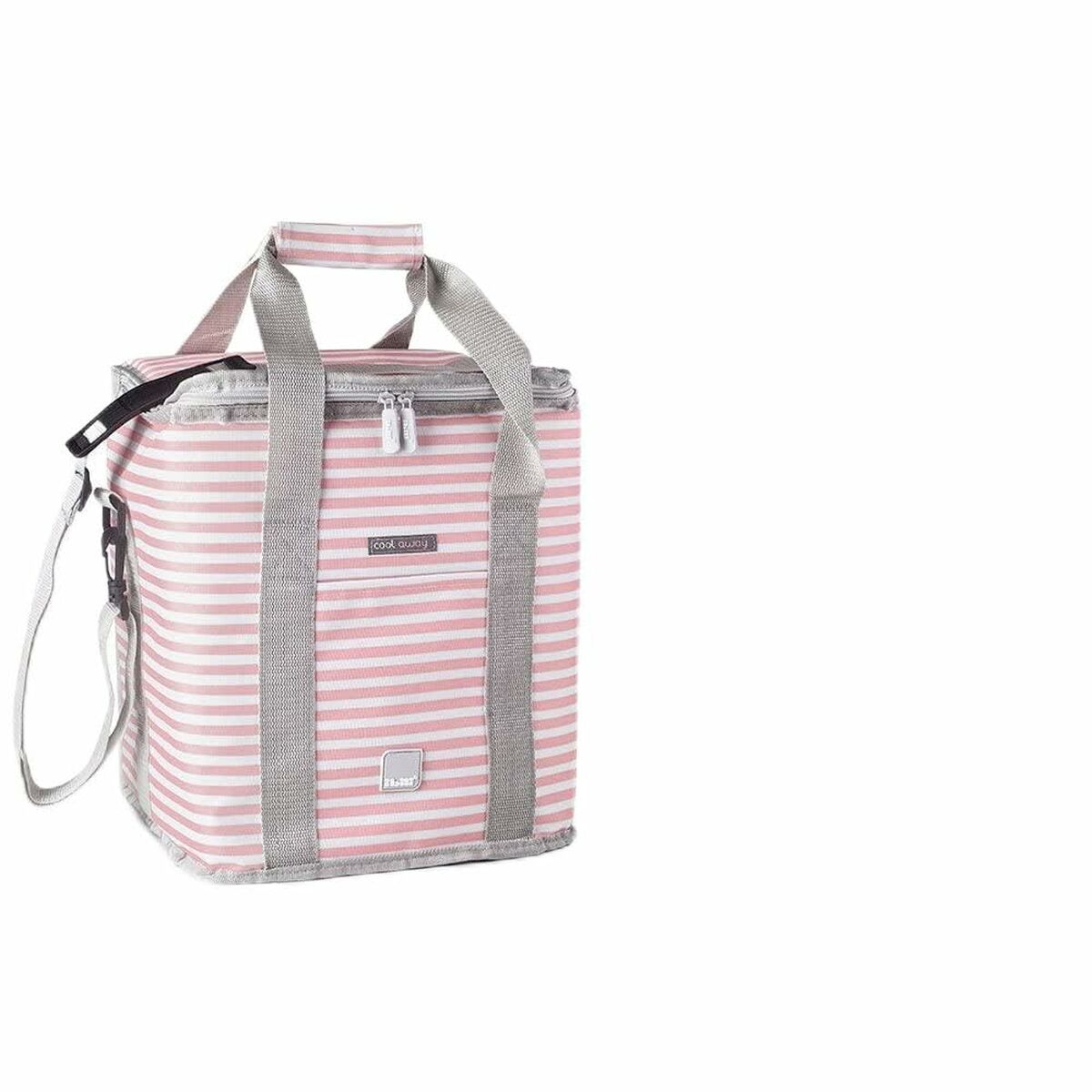 Eine rosa-weiß gestreifte Kühltasche mit grauen Griffen und Schultergurt. Auf der Vorderseite steht 'cool away'.