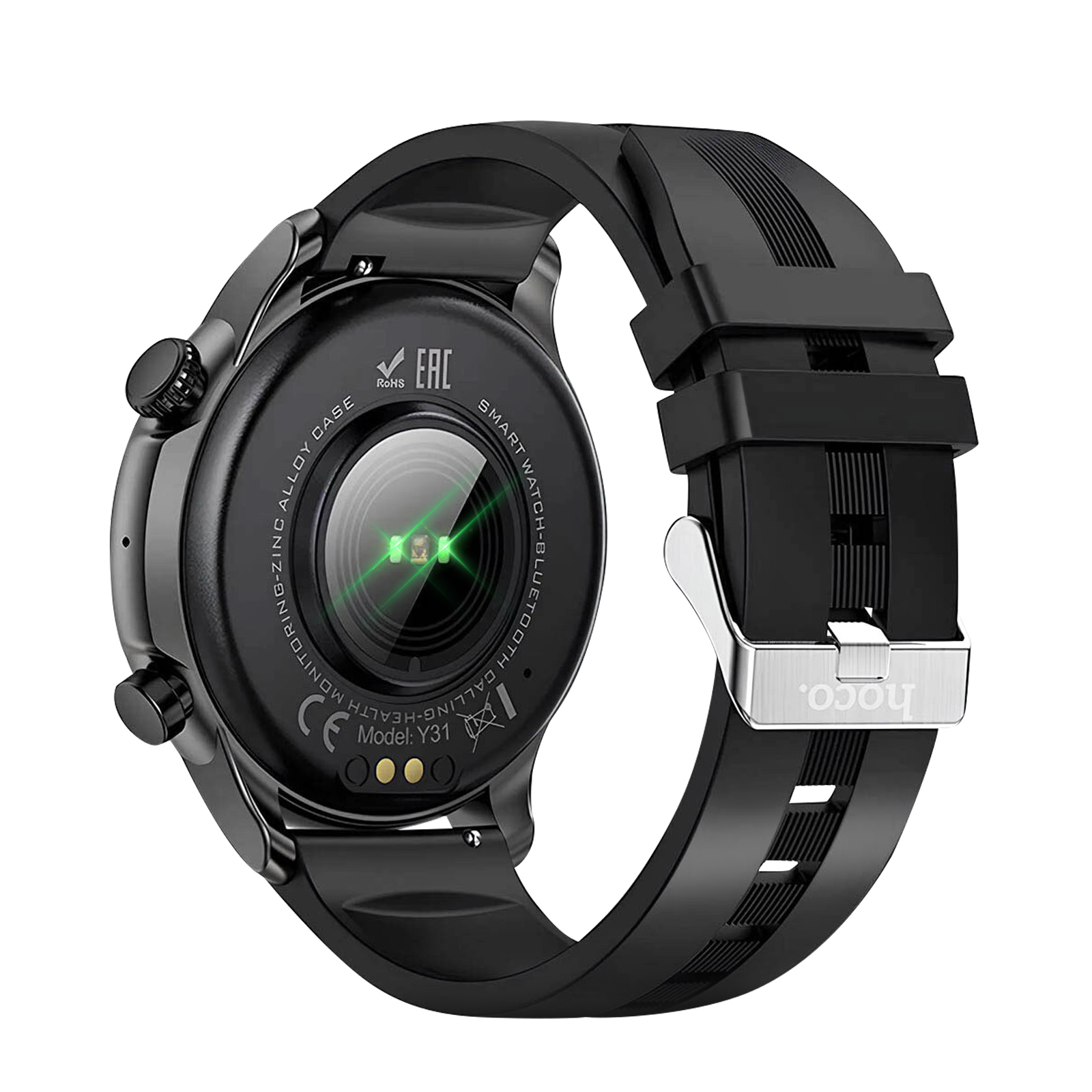 Eine schwarze Smartwatch mit schwarzem Armband. Das Zifferblatt zeigt die Rückseite mit Sensoren und Markierungen. Das Armband hat eine Metallschnalle.