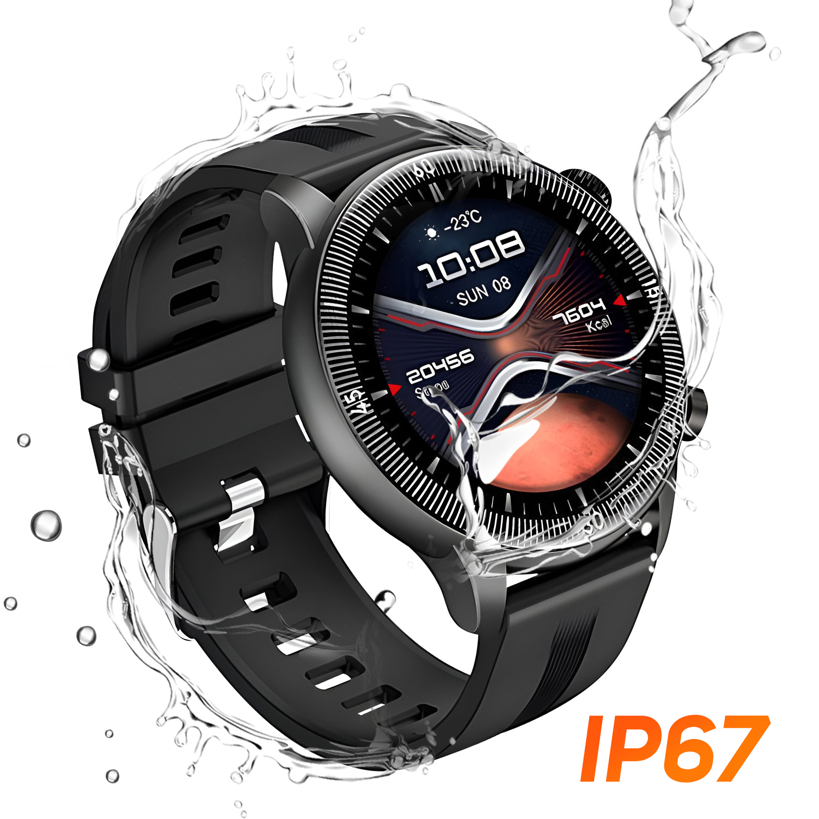 Schwarze Smartwatch mit Wasserspritzern. Das Zifferblatt zeigt Zeit, Datum und Metriken. Der Text 'IP67' ist orange.