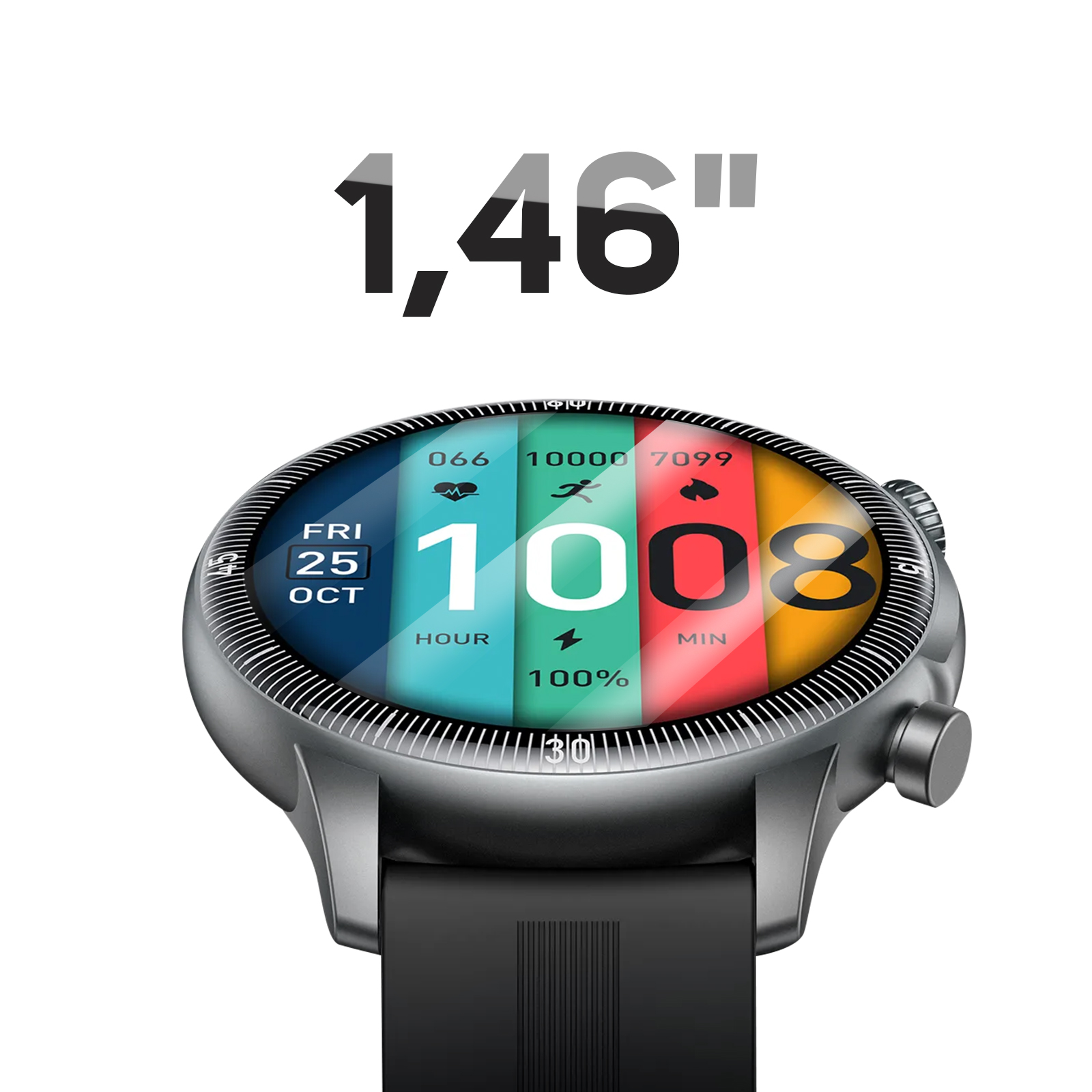 Die Smartwatch zeigt Zeit, Datum und Gesundheitsdaten an. Der Bildschirm zeigt 10:08, 100% Akku und andere Daten mit schwarzem Band.