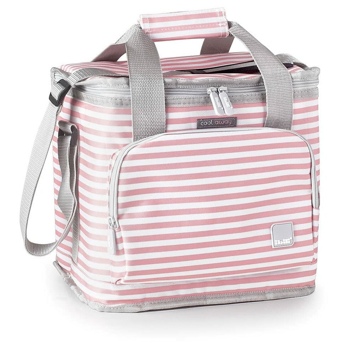 Eine rosa und weiß gestreifte Kühltasche mit grauen Griffen und einem Schultergurt. Die Tasche hat einen Reißverschluss und eine Fronttasche.