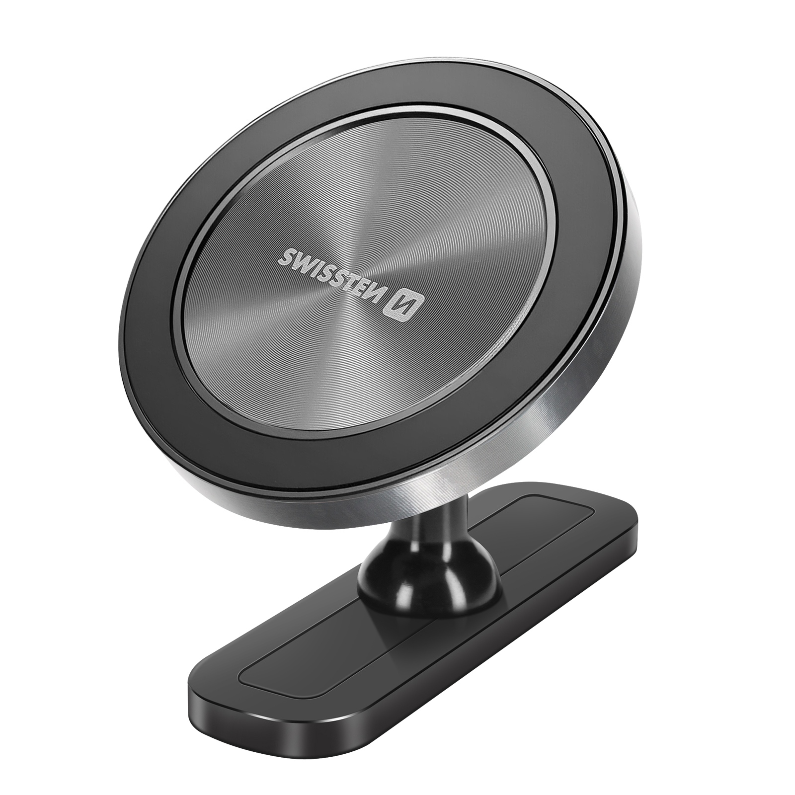Un supporto per telefono nero e argento con superficie magnetica su sfondo bianco.