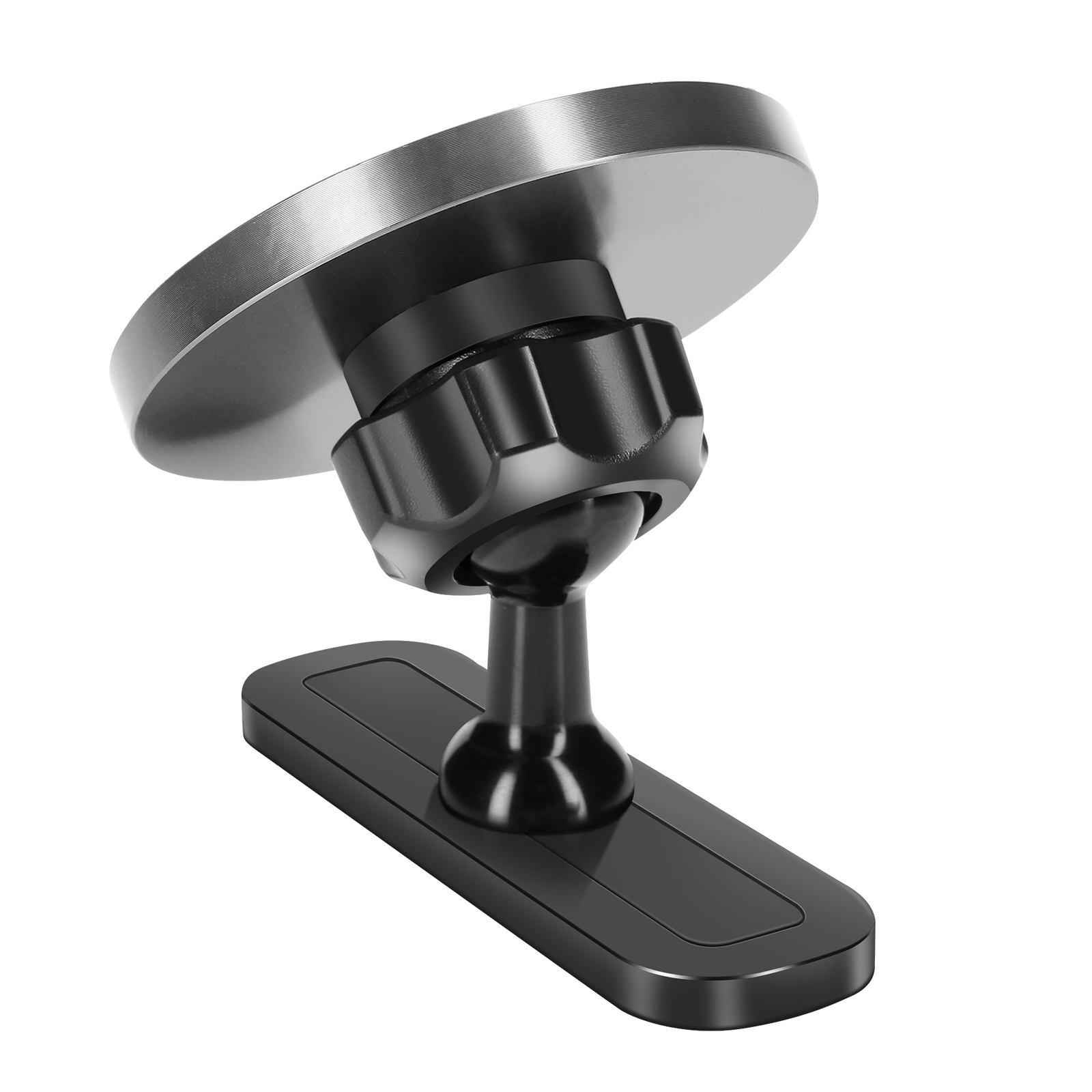 Un supporto per telefono da auto nero e argento. Ha un disco magnetico, uno snodo sferico e una base rettangolare.