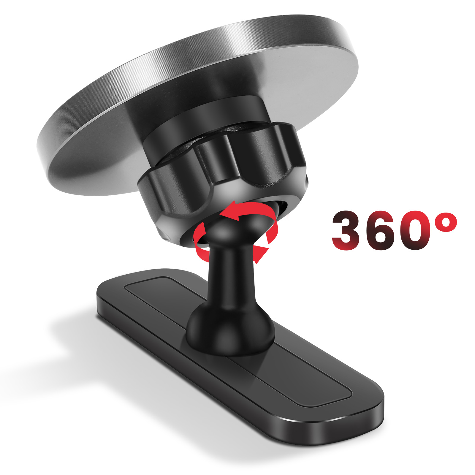 Supporto nero per telefono da auto con disco argentato. Frecce rosse indicano rotazione a 360 gradi. Testo '360°'.