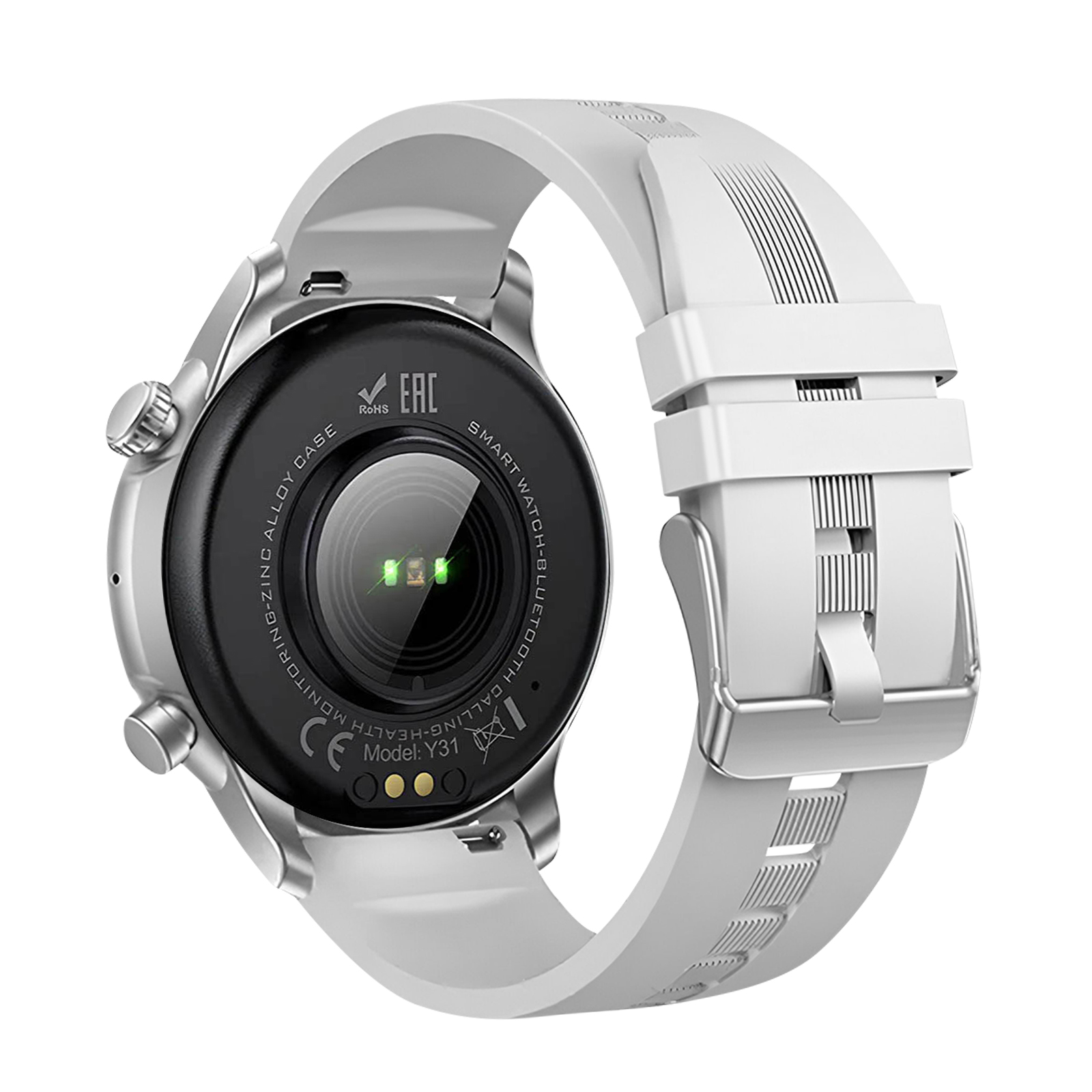 Uno smartwatch bianco con cassa argentata e cinturino bianco. L'orologio ha un lato inferiore nero con testo e su sfondo bianco.
