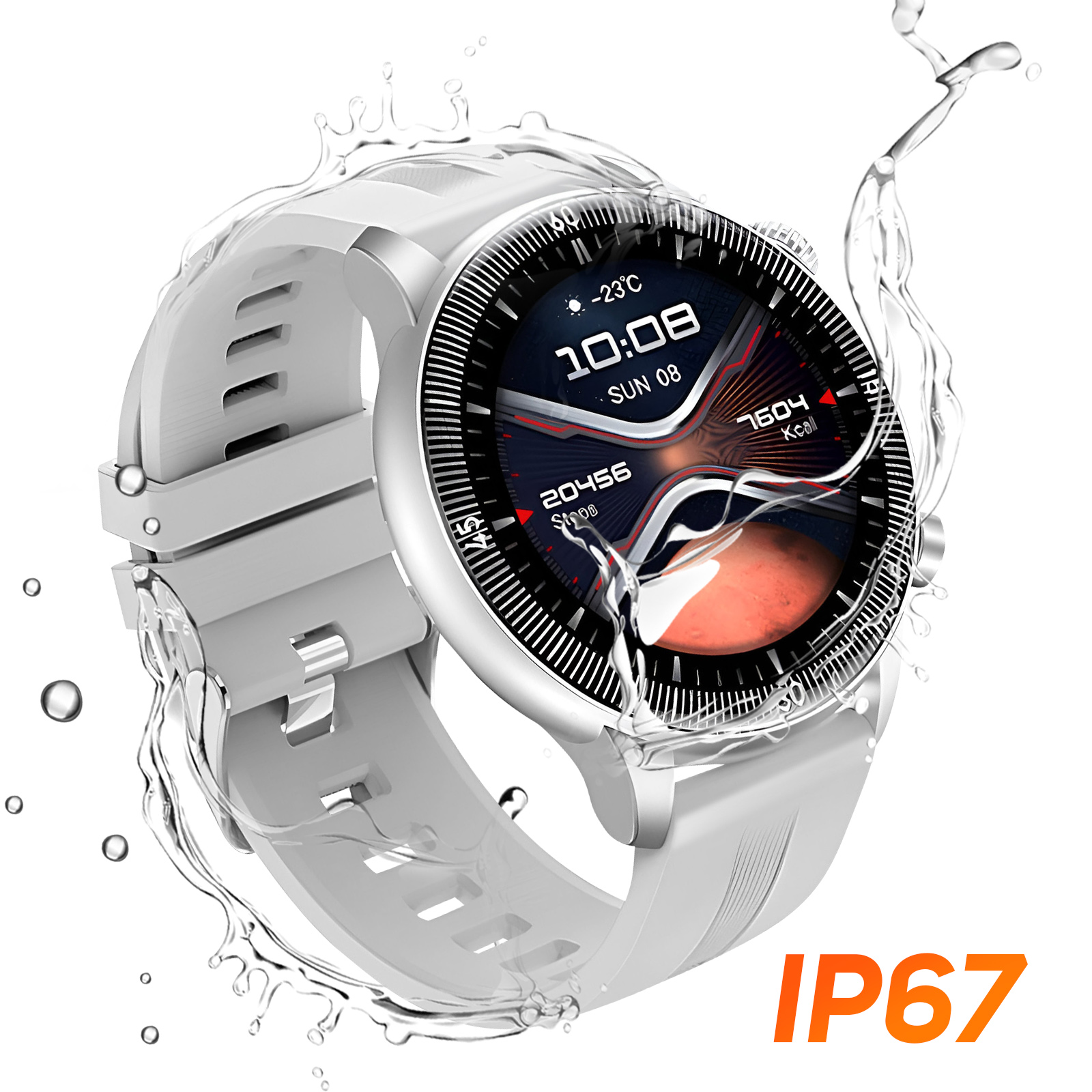 Smartwatch bianco con schizzi d'acqua. Lo schermo mostra ora, data e metriche di salute. Etichetta IP67 visibile.
