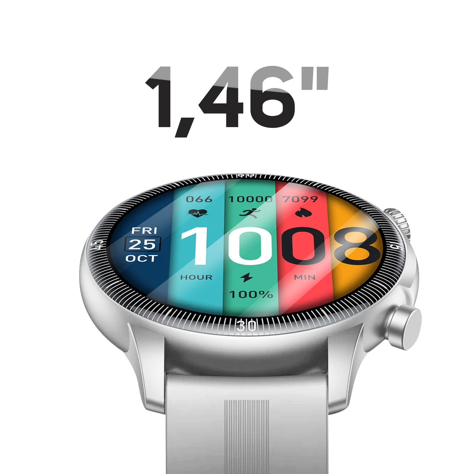 Primo piano di uno smartwatch con display colorato che mostra ora, data e metriche di salute. L'orologio è argento con cinturino bianco.