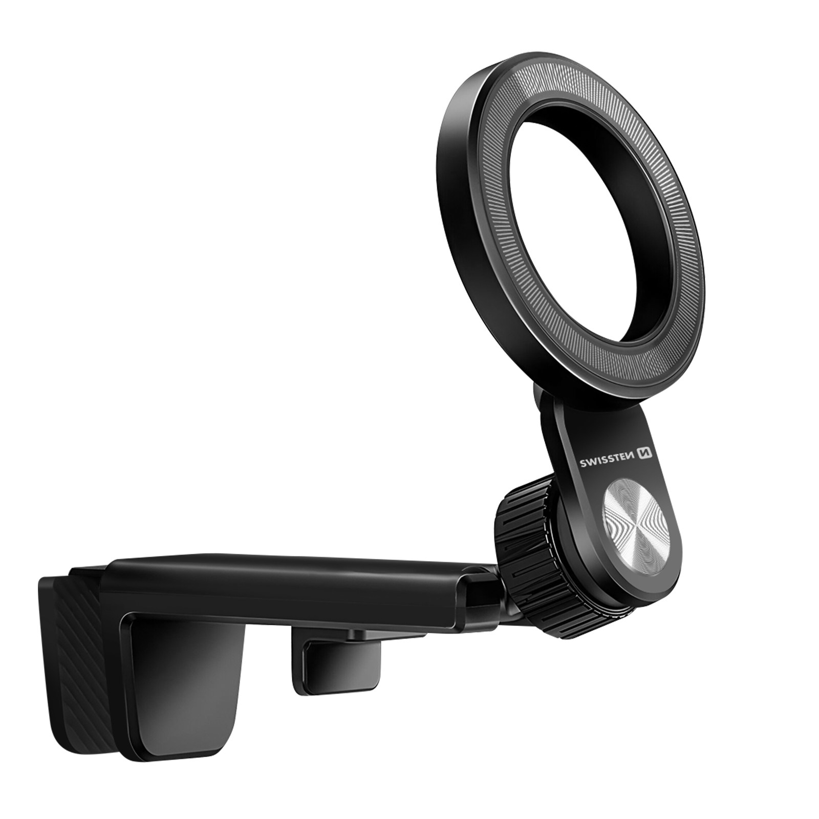 Una luce ad anello nera con un morsetto. La luce ha una superficie dettagliata. Il morsetto riporta il marchio SWISSTEK.