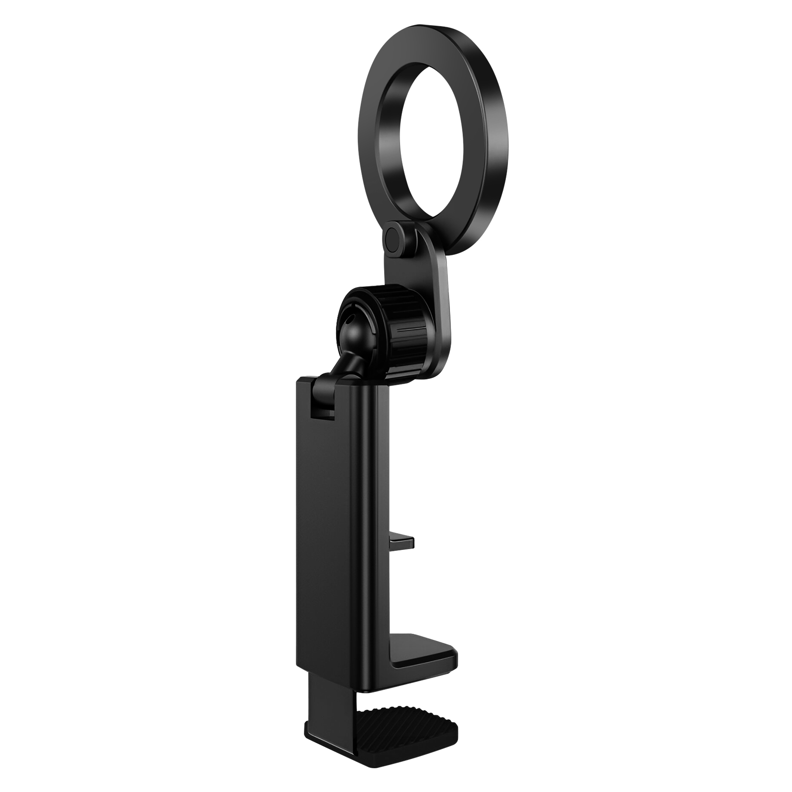 Supporto per luce ad anello nero con braccio regolabile e base a morsetto, isolato su bianco.