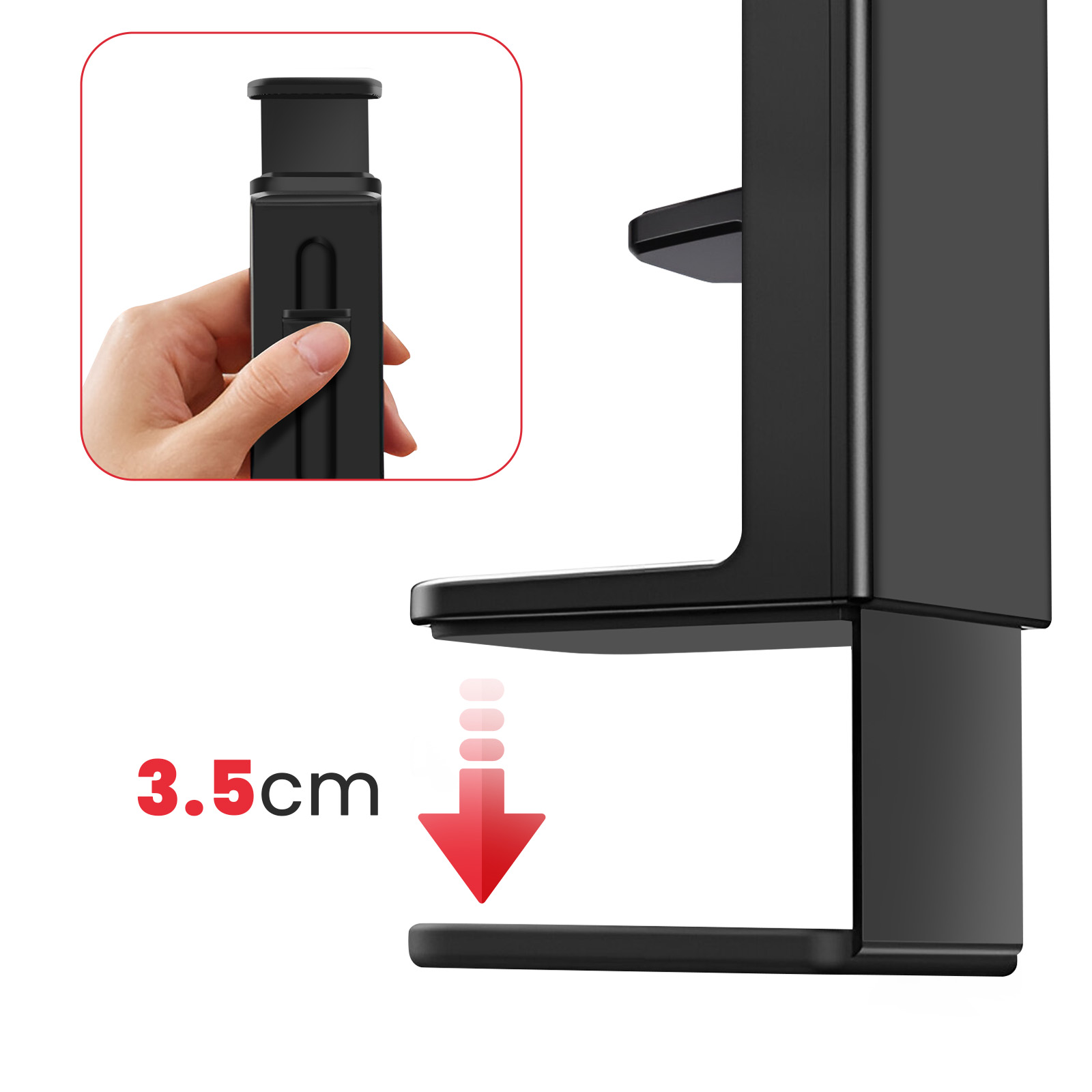 Un supporto da scrivania nero con una mano che tiene una parte. Una freccia rossa indica una distanza di 3,5 cm.