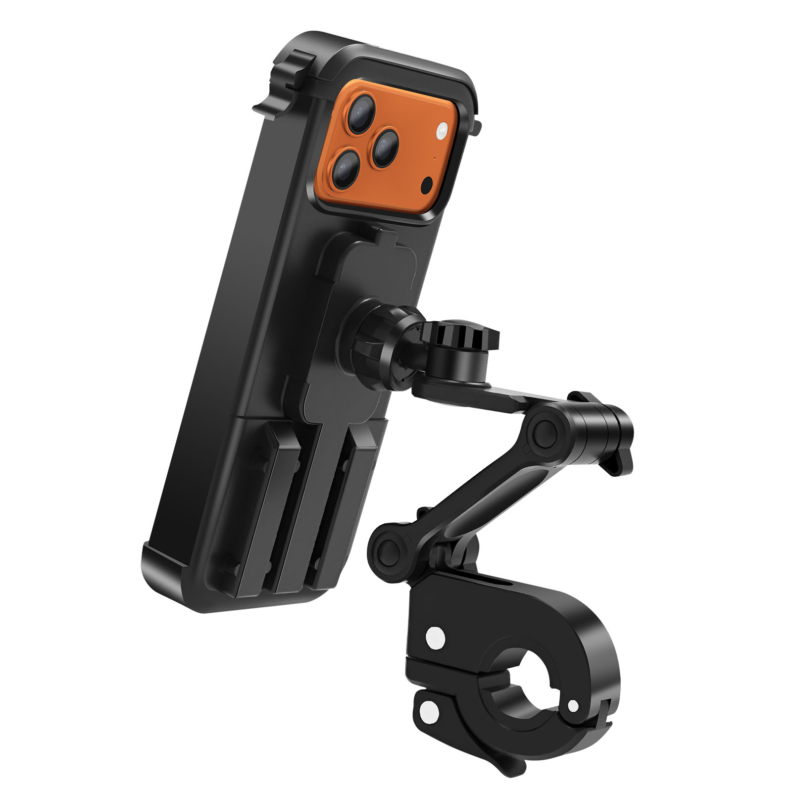 Un supporto nero per telefono con area fotocamera arancione è attaccato a un supporto nero, adatto per una bicicletta.