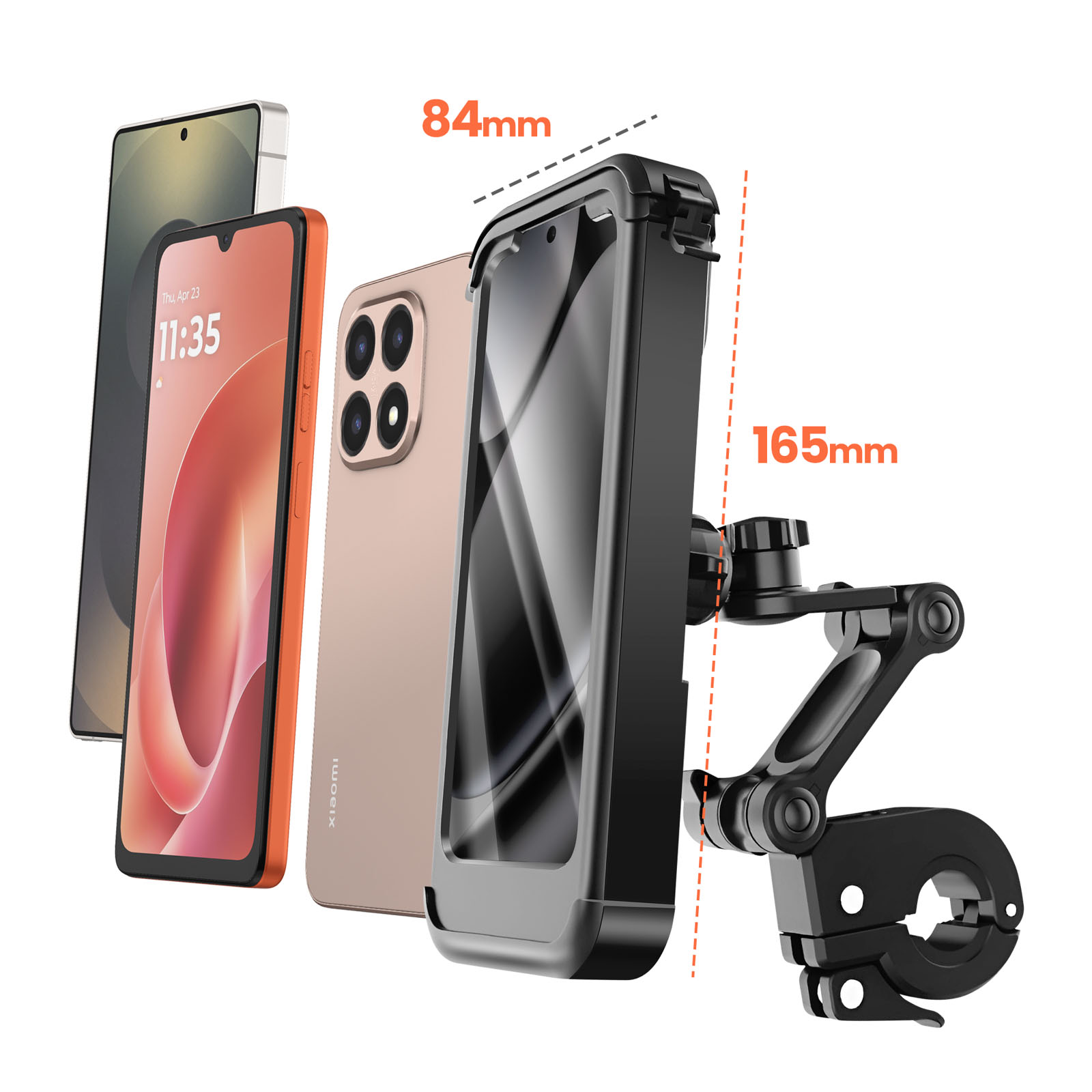 L'immagine mostra telefoni, una custodia nera e un supporto per bici nero. Dimensioni: 84 mm e 165 mm.