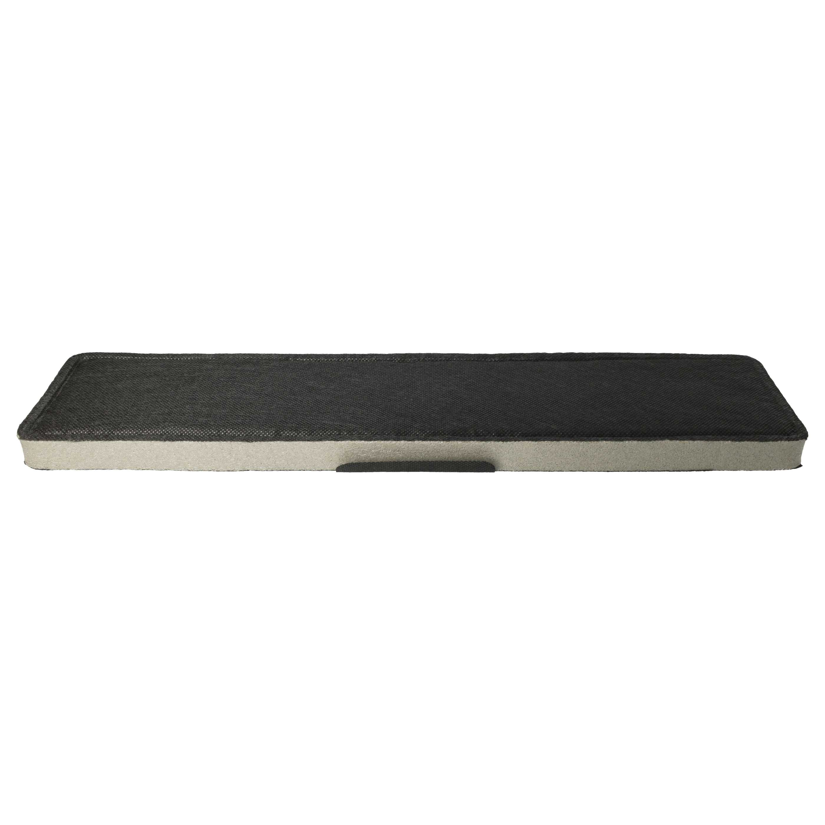 Eine rechteckige, schwarz-graue Bettbasis liegt auf weißem Hintergrund. Es ist ein einfaches, minimalistisches Design.