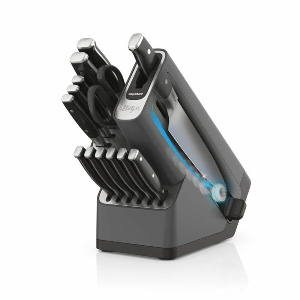 Ein Ninja-Messerblock-Set mit mehreren Messern und einer Schere. Der Block ist grau, die Messer haben schwarze Griffe und silberne Klingen.