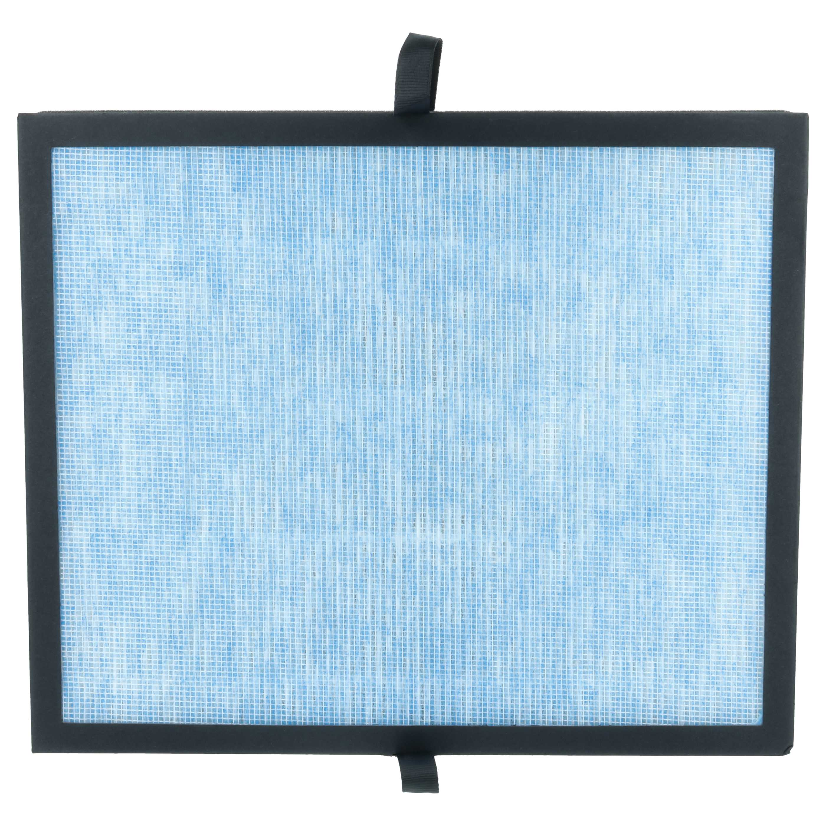 Rechteckiger Luftfilter mit blauem Netz, schwarzem Rahmen und einem schwarzen Riemen.