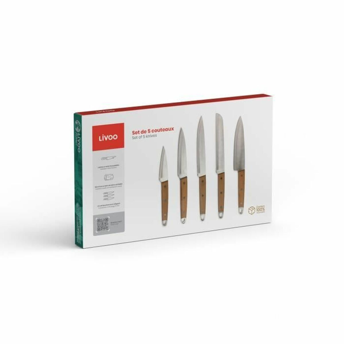 Ein Set mit 5 Messern. Das Set befindet sich auf weißem Hintergrund. Jedes Messer hat einen Holzgriff und eine silberne Klinge. Die Box ist weiß und rot.