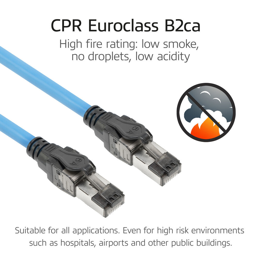 Zwei blaue Netzwerkkabel mit schwarzen Steckern. Ein Symbol weist auf Brandschutz hin. Text erwähnt Brandverhalten und Anwendungen.