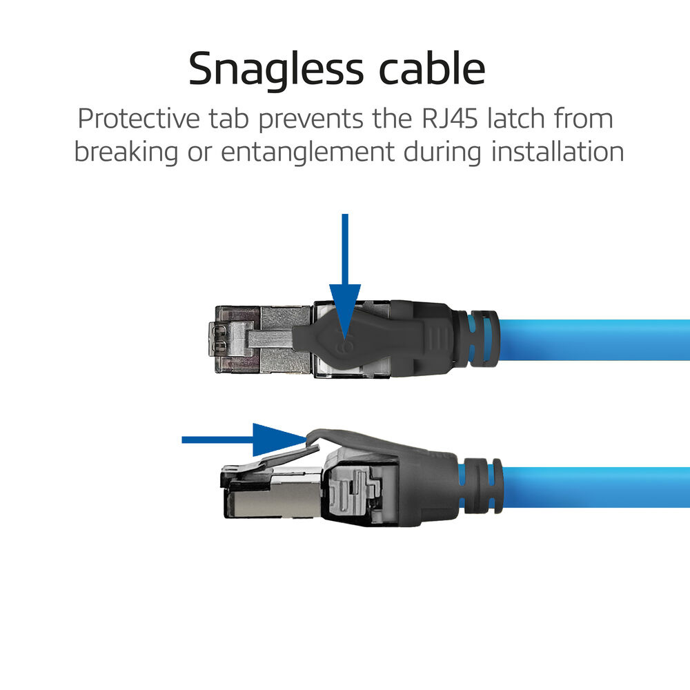 Twee RJ45-connectoren met blauwe kabels. De bovenste connector toont het gesloten beschermlipje, de onderste open.