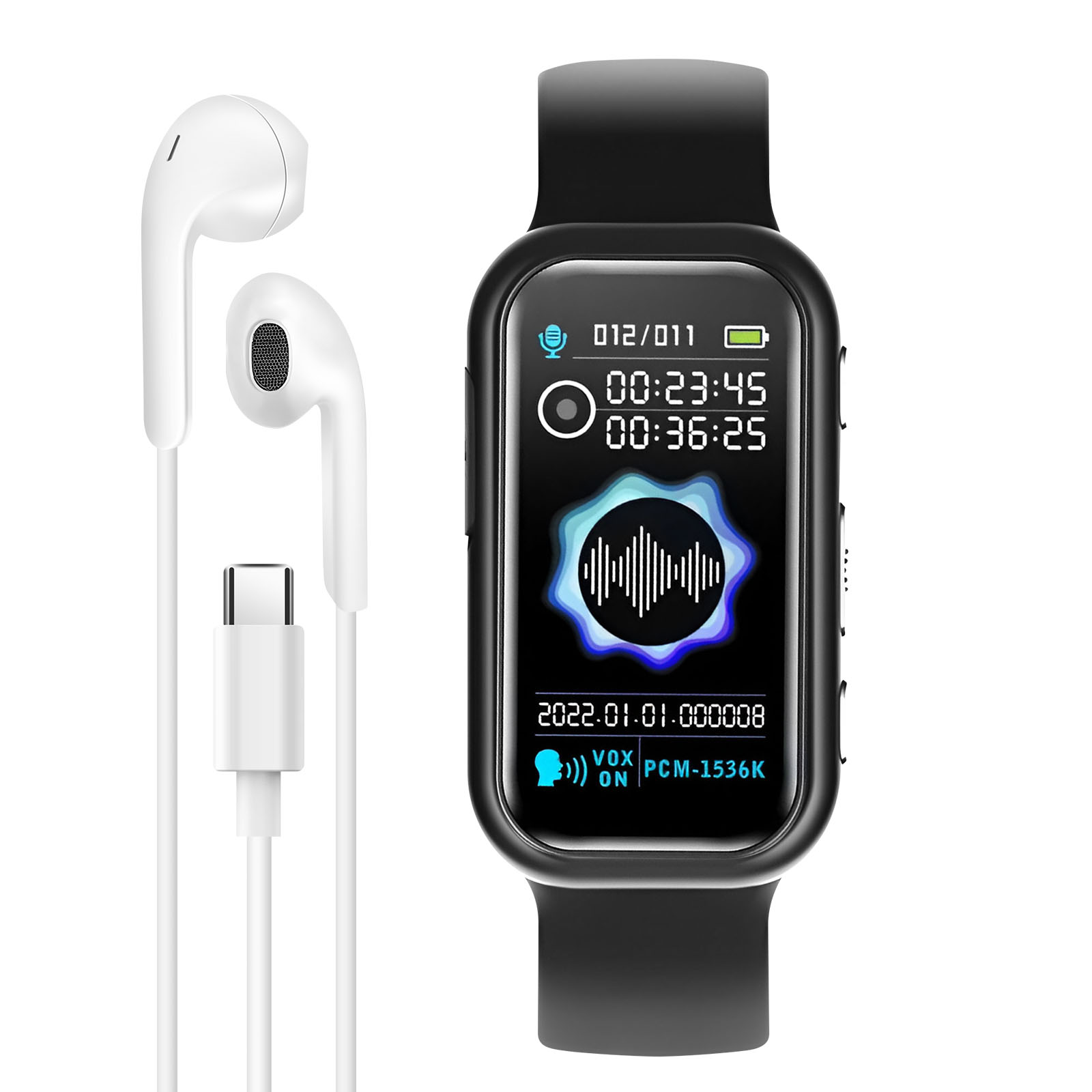 Eine schwarze Smartwatch mit einem Bildschirm, der Zeit und Audio-Wellen anzeigt. Weiße Kopfhörer und ein Ladekabel sind ebenfalls vorhanden.