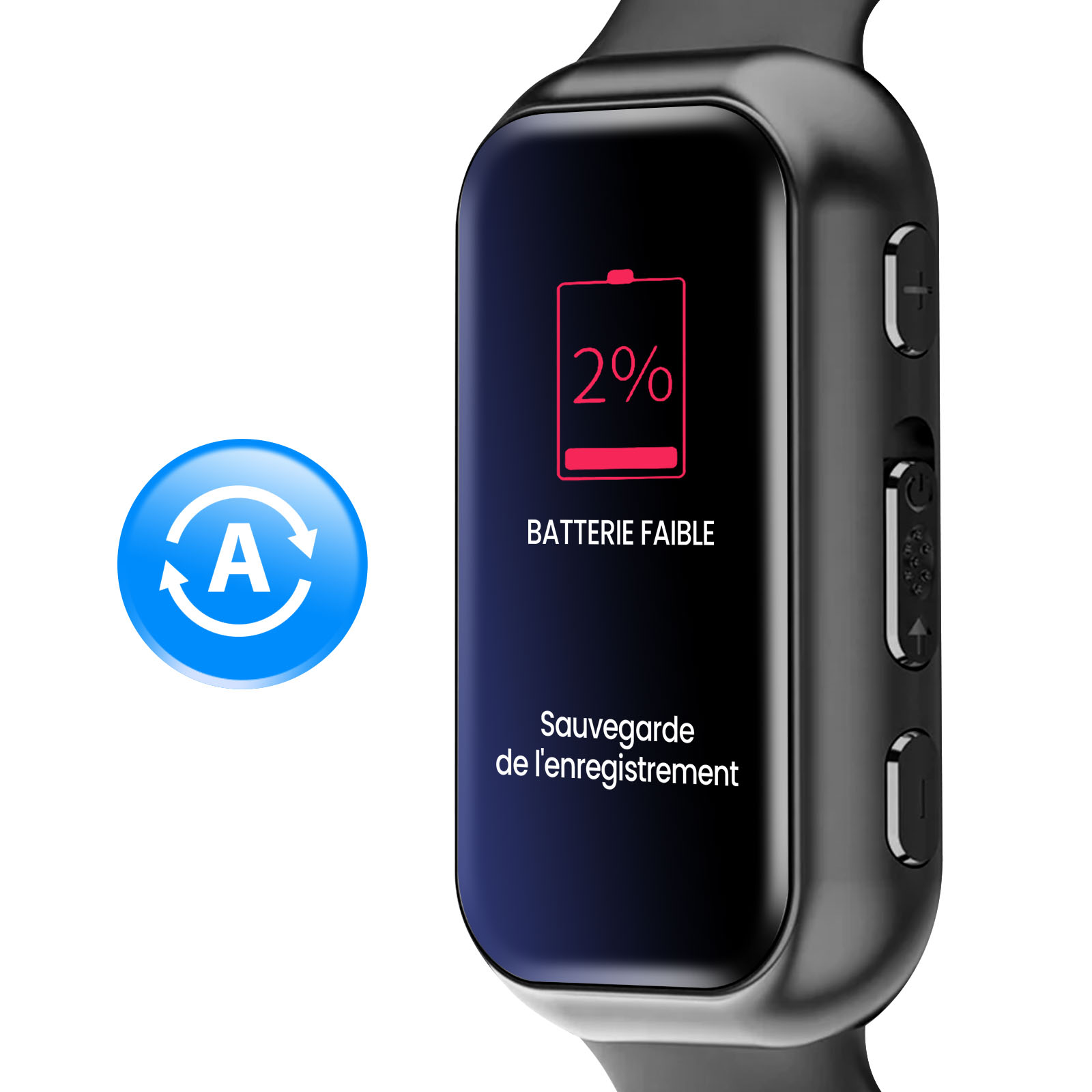Eine Smartwatch zeigt 2% Akku an. Text: 'Batterie schwach'. Links ein blauer Kreis mit weißem 'A' und Pfeilen.