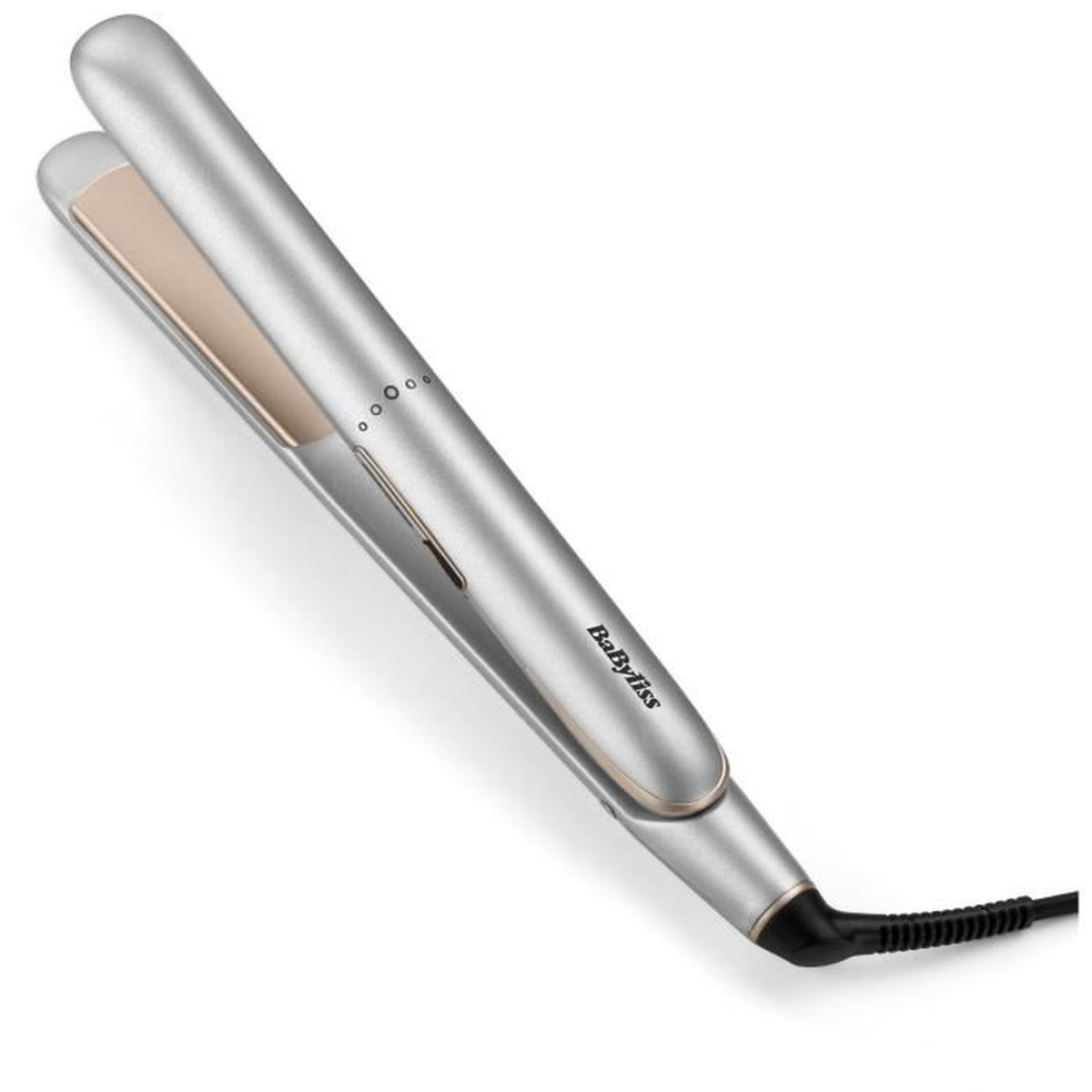 Una piastra per capelli BaByliss argentata su una superficie bianca. Ha un cavo nero. Le piastre interne sono dorate.