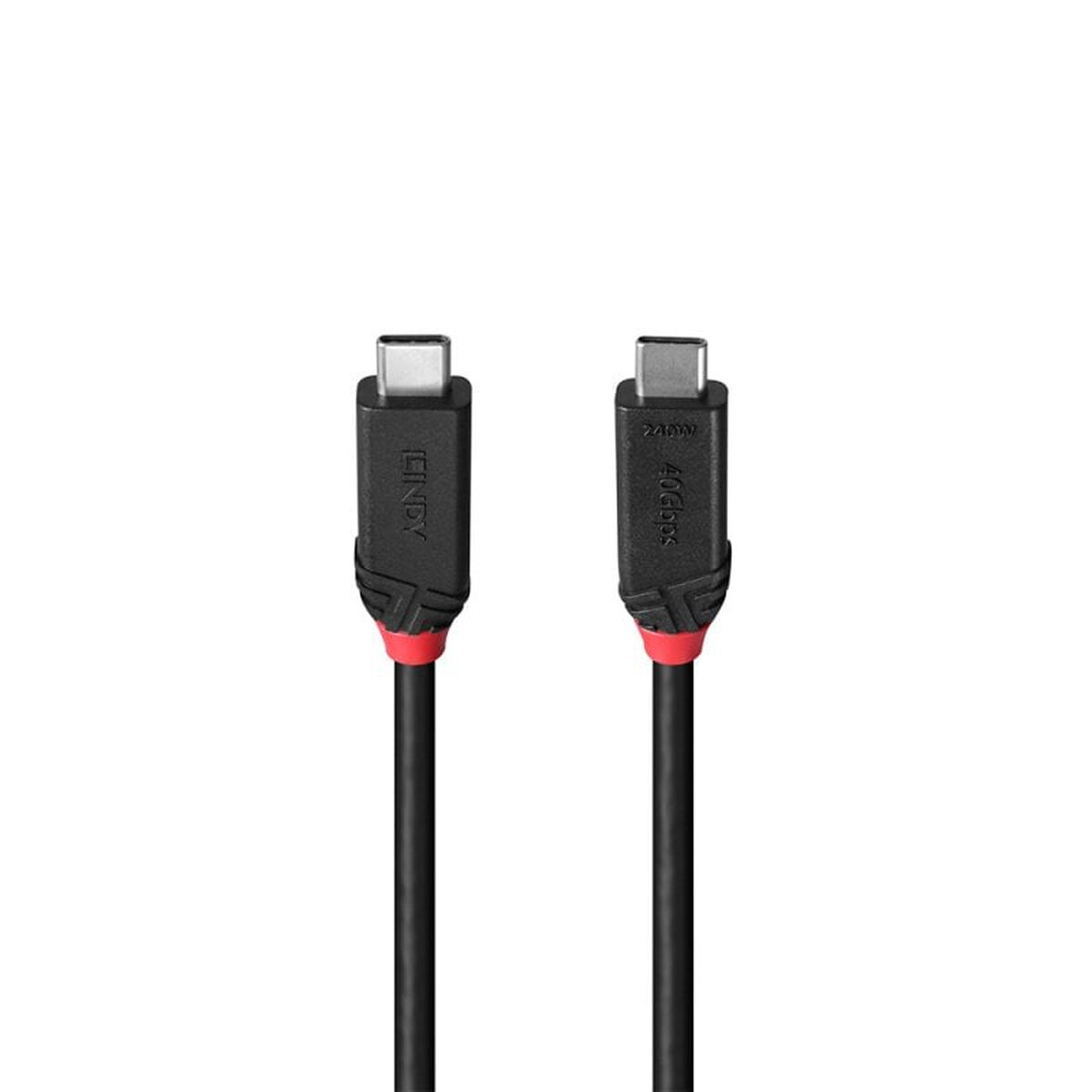 Dwa czarne kable USB-C, każdy ze srebrnym złączem. Jeden kabel ma napis 'LINDY', drugi '40Gbps' i '240W'.