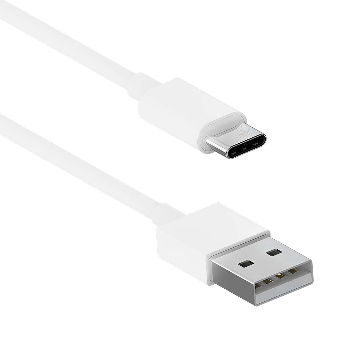 Un câble blanc USB-C vers USB-A. L'extrémité USB-C est en haut, l'extrémité USB-A en bas. Les deux connecteurs sont argentés.