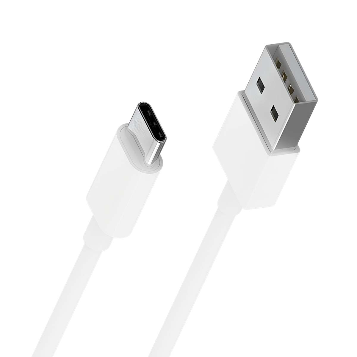 Un câble USB-C blanc avec un connecteur USB-A et un connecteur USB-C, tous deux en l'air. Fond blanc avec des ombres.