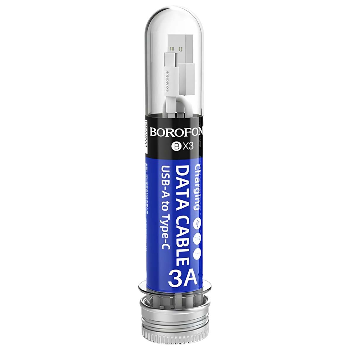 Un câble de données de charge USB-A vers Type-C blanc dans un tube transparent. Le tube est étiqueté 'BOROFON BX3 DATA CABLE 3A'.